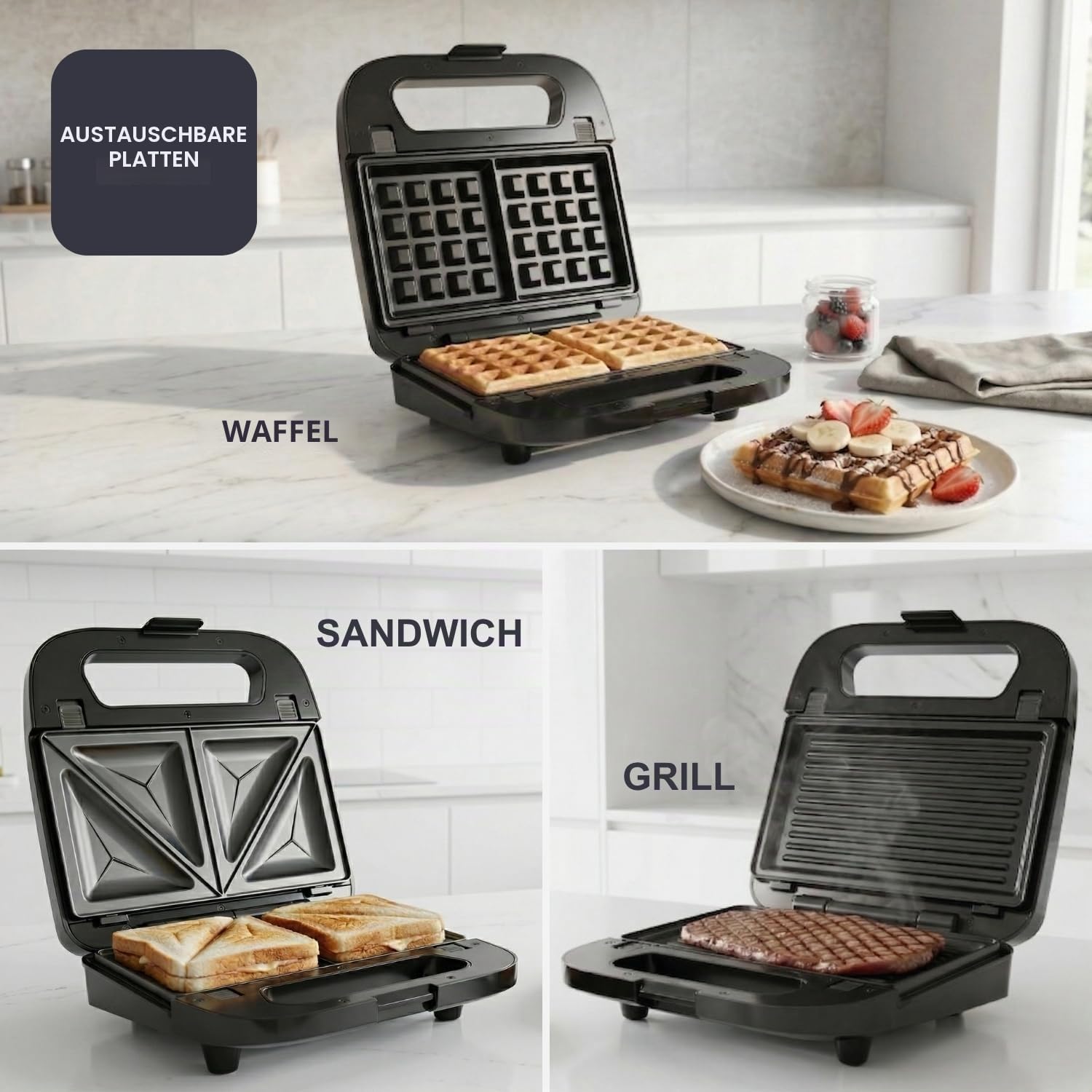 Black+Decker - Sandwichmaker 3-in-1 BXSA754E | 750W | Austauschbare Platten für Sandwich, Grill und Waffeln | EasyEject Technologie | Antihaftbeschichtung | Ultraschnelles Aufheizen | Cool-Touch | LED