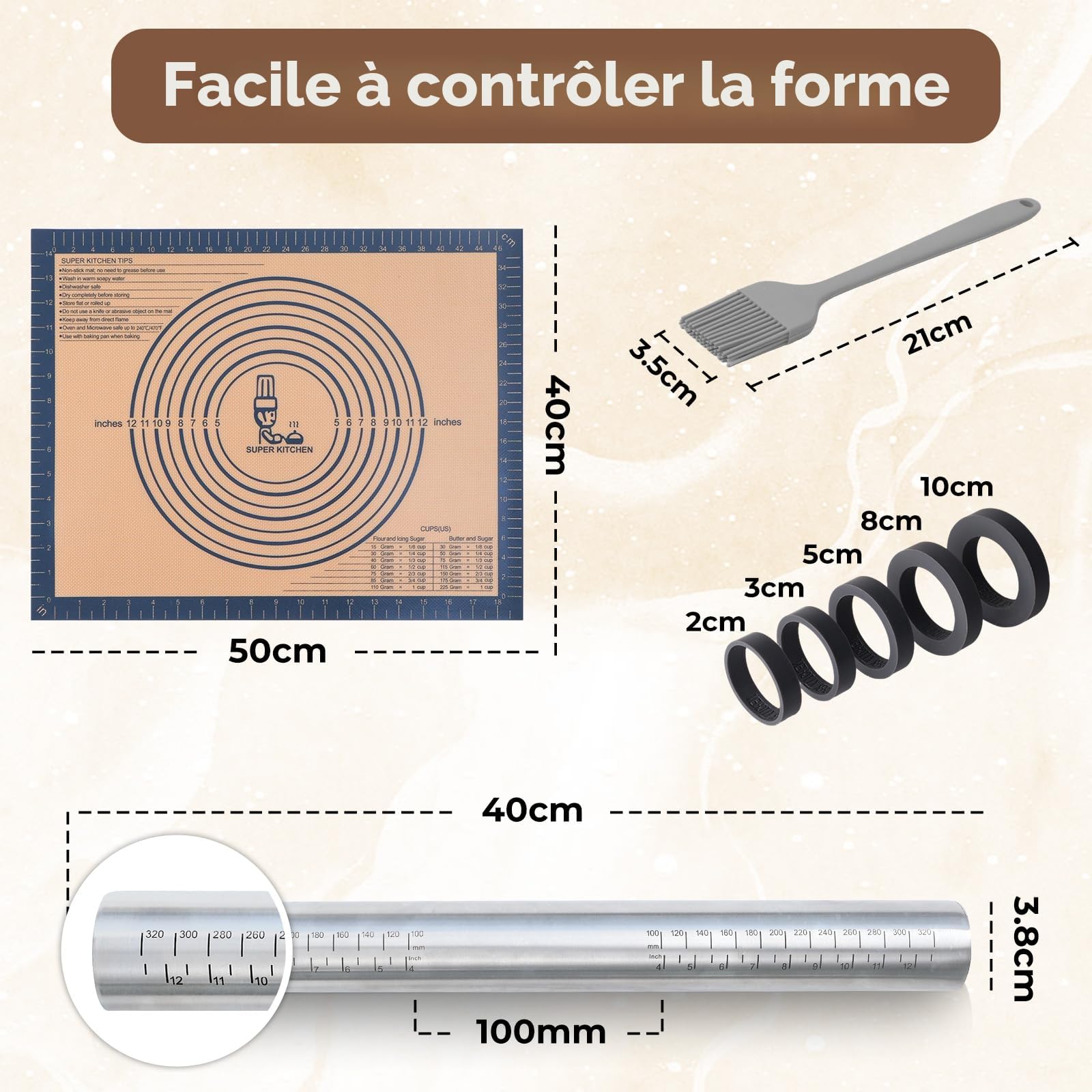 SUPER KITCHEN Rouleau à Pâtisserie Ajustable en Acier Inoxydable Avec 5 Anneaux Réglables, Tapis de Cuisson Tapis à Pâtisserie en Silicone Antidérapant 50x40 cm, Pour Pâtisserie, Pizza (Gris)