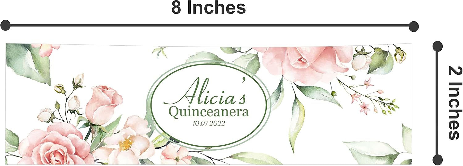 Darling Souvenir Floral Theme Print Water Bottle Labels - Self Adhesive Quinceanera Sweet 15 Birthday Party, Personalized Water Bottle Label for Birthday Party, Supplies - Pack of 32