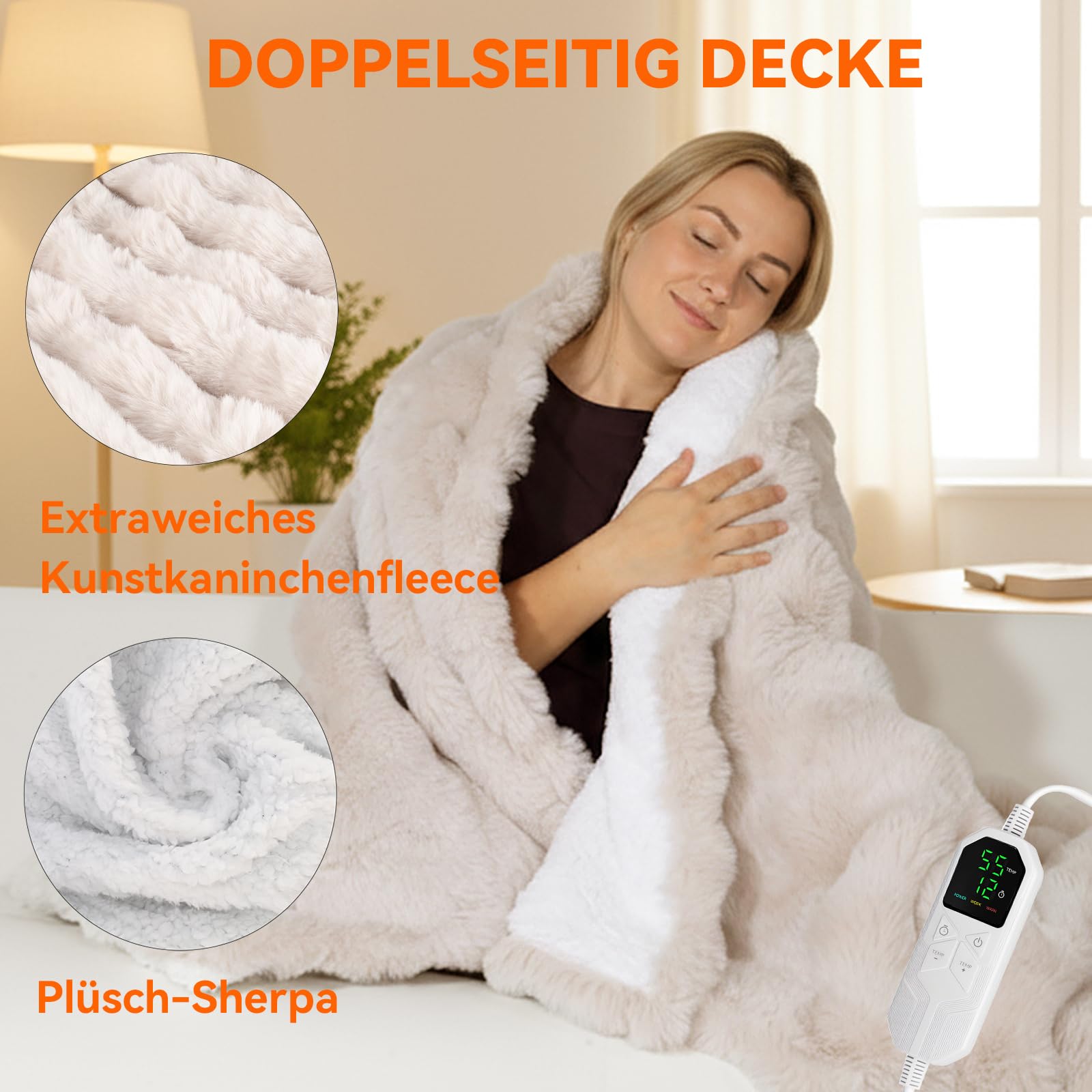 Warmfay Heizdecke mit Abschaltautomatik, 180 × 130 cm Kunstfell Kaninchen Fleece Wärmedecke Elektrisch Heizdecke mit 8 Heizstufen & 1-12H Timer, Waschbar Kuscheldecke für Bett & Sofa - Aprikose