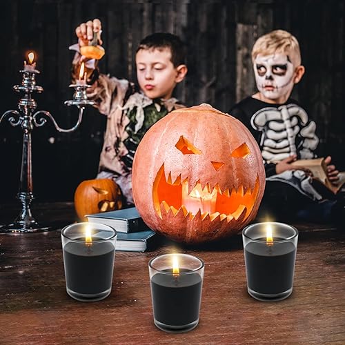 Miniatura 2 de Juego de 12 velas votivas negras para calabaza de Halloween, velas de cera de soja sin perfume rellenas de vidrio transparente para cenas, fiestas,