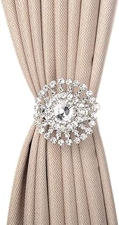 SUQ I OME Luxury Big Crystal Magnetic Curtain Tieback Flower Curtain Clips Buckle with Stretchy Wire Rope for Home Office Decoration (Silver B,2PCS)