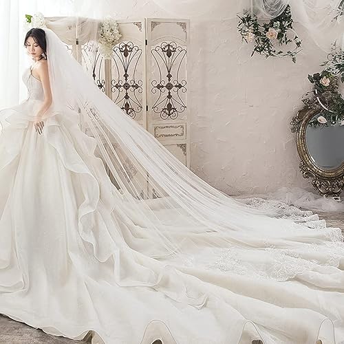 Miniatura 3 de Wedding Veils Cathedral Length 2 Tier Long Sequins Lace Edge Blusher with Comb