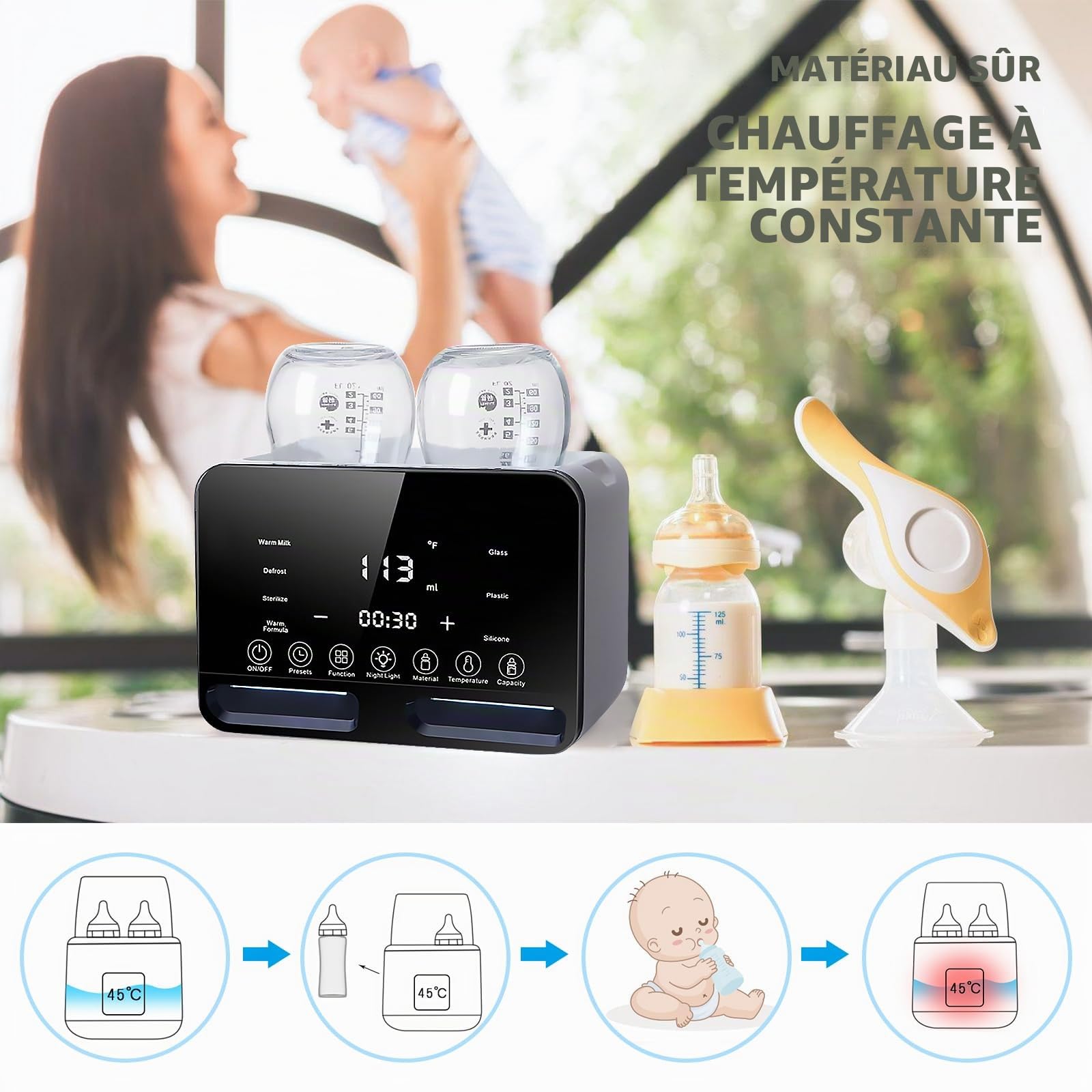 Chauffe-biberon 11 en 1 pour bébé, avec stérilisateur à vapeur, décongélation, minuterie, affichage de la température en temps réel et fonction de maintien au chaud, chauffe-lait maternel avec écran