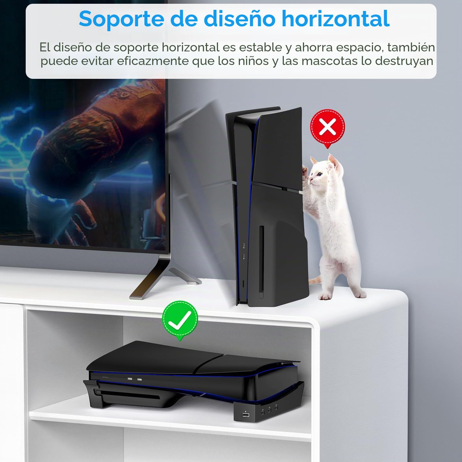 KOVA Soporte horizontal para consola PS5 con hub USB de 4 puertos, soporte base para accesorios PlayStation 5, patín para disco delgado y carga de controlador de edición digital (negro)