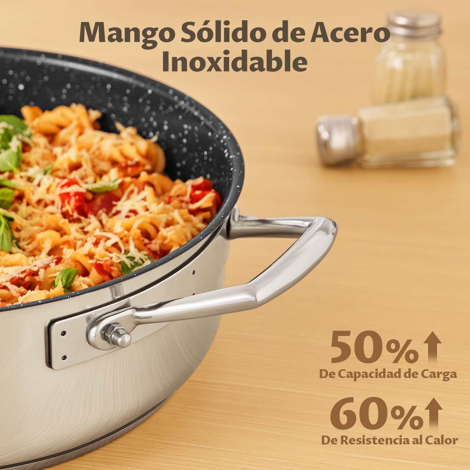 BEZIA Cacerola Baja Inducción 5.2 L Acero Inoxidable 18/10 Tapa Cristal | Bordes altos, todo tipo de cocinas, horno, Cerámica antiadherente sin PTFE, ideal para guisar, freír, asar y cocinar a diario