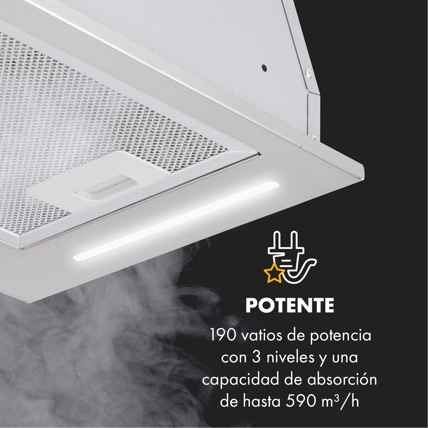 Klarstein Down Under - Campana extractora, Extractor de humos, 60 cm, Absorción de 590 m³/h, 190 W de potencia en 3 niveles, LED, Acero inoxidable, 61 dB, Material de montaje, Plateado