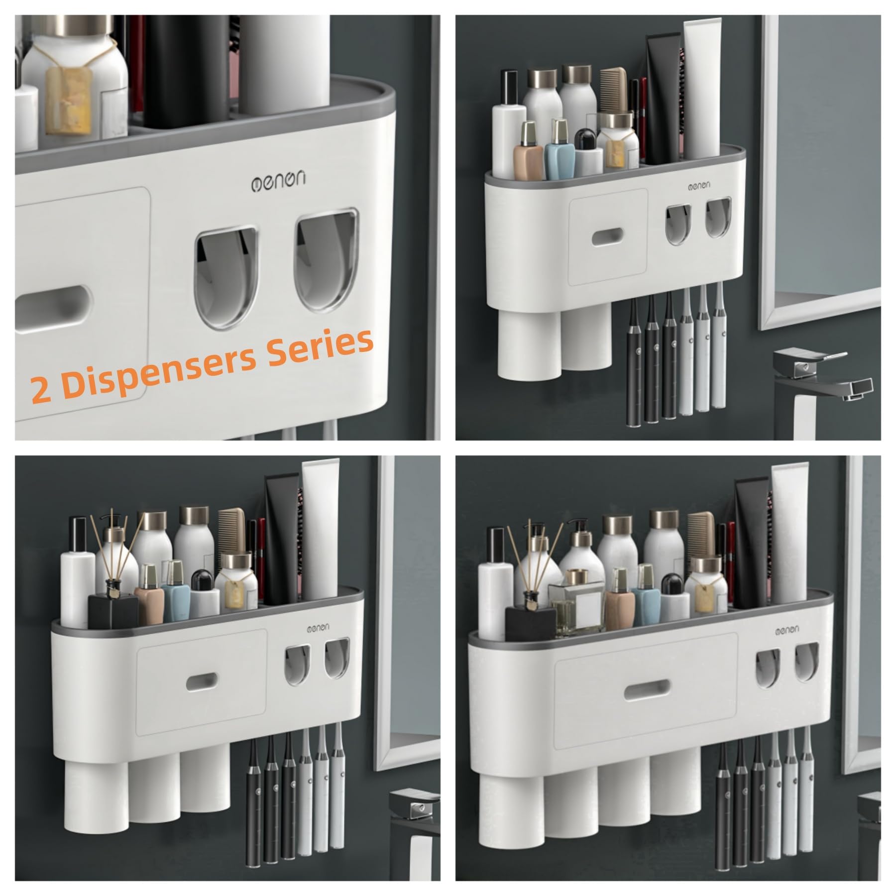 Soporte para cepillo de dientes montado en la pared sin taladro, estante de baño, con dispensadores automáticos de pasta de dientes, 6 ganchos para cepillo, tazas magnéticas, 1 organizador