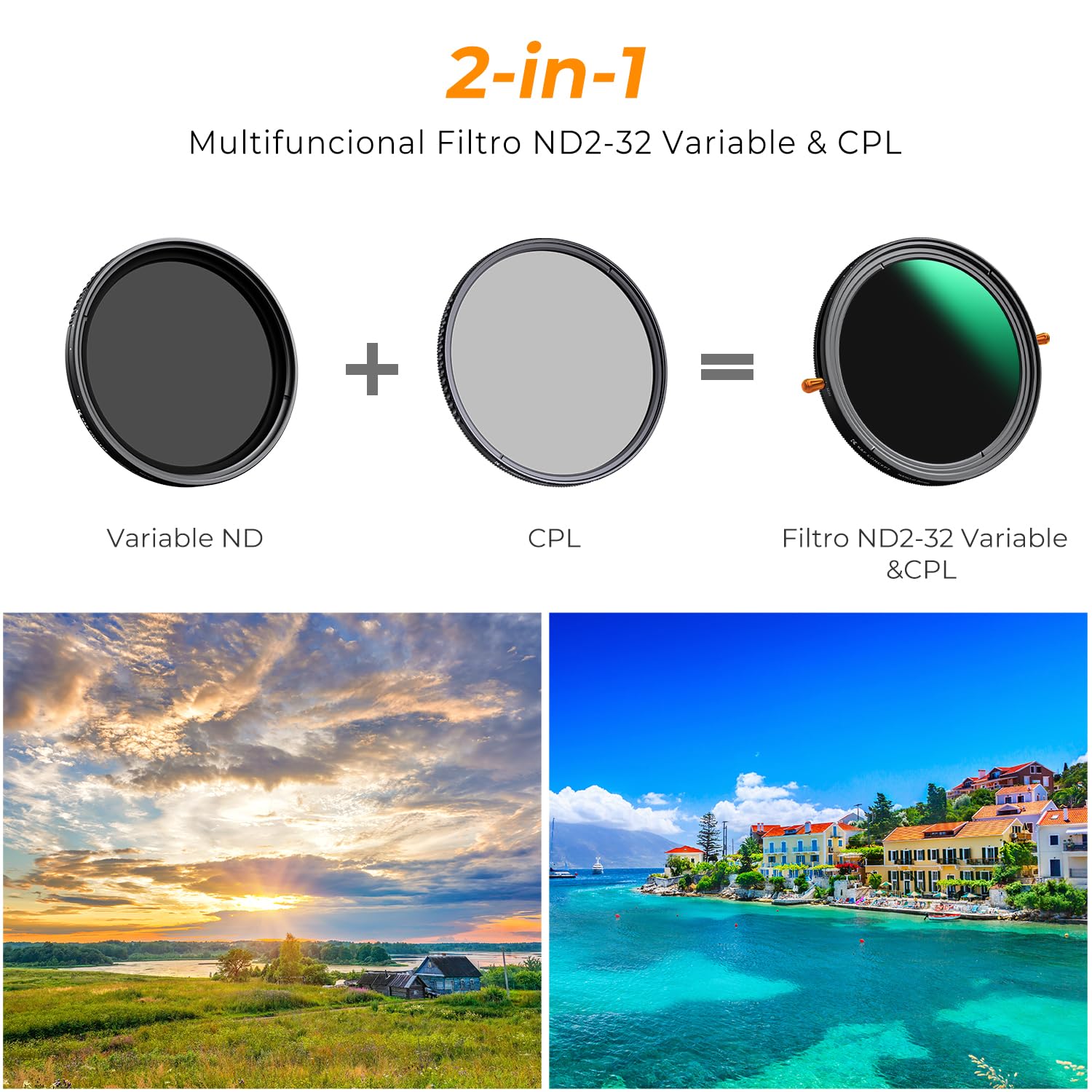 K&F CONCEPT 55mm Filtro Variable ND2-32 y Polarizador 2 en 1, ND2-32 Filter Densidad Neutra & CPL con 24 Capas Revestimiento Nano para Cámara Lente (Nano-D Serie)