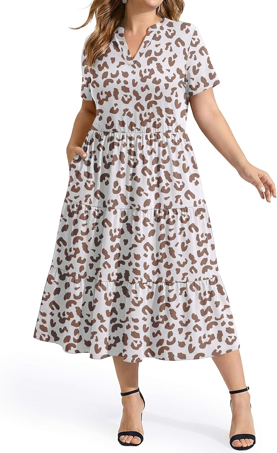 IN'VOLAND Women Plus Size Summer Dresses V Neck Short Sleeve Midi Dress with Pockets Flowy A-line Tiered Beach Sundress 1X-5X