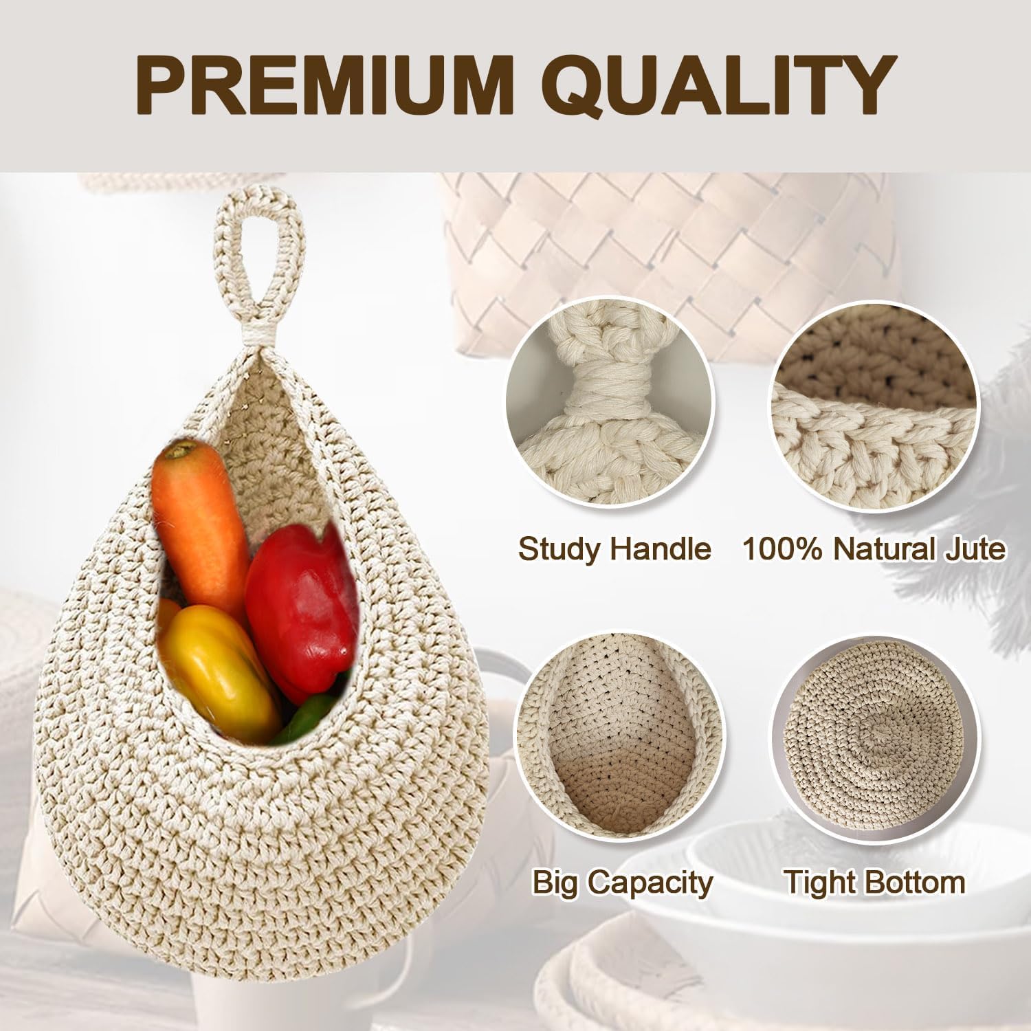 Bocnity 6 Pack Hanging Fruit Basket for Kitchen,Boho Wall Hanging Fruit Baskets Wall Fruit Hanging Baskets For Organizing With 6 Pcs Strong Hooks Vegetable Potato Basket for Pantry (White)