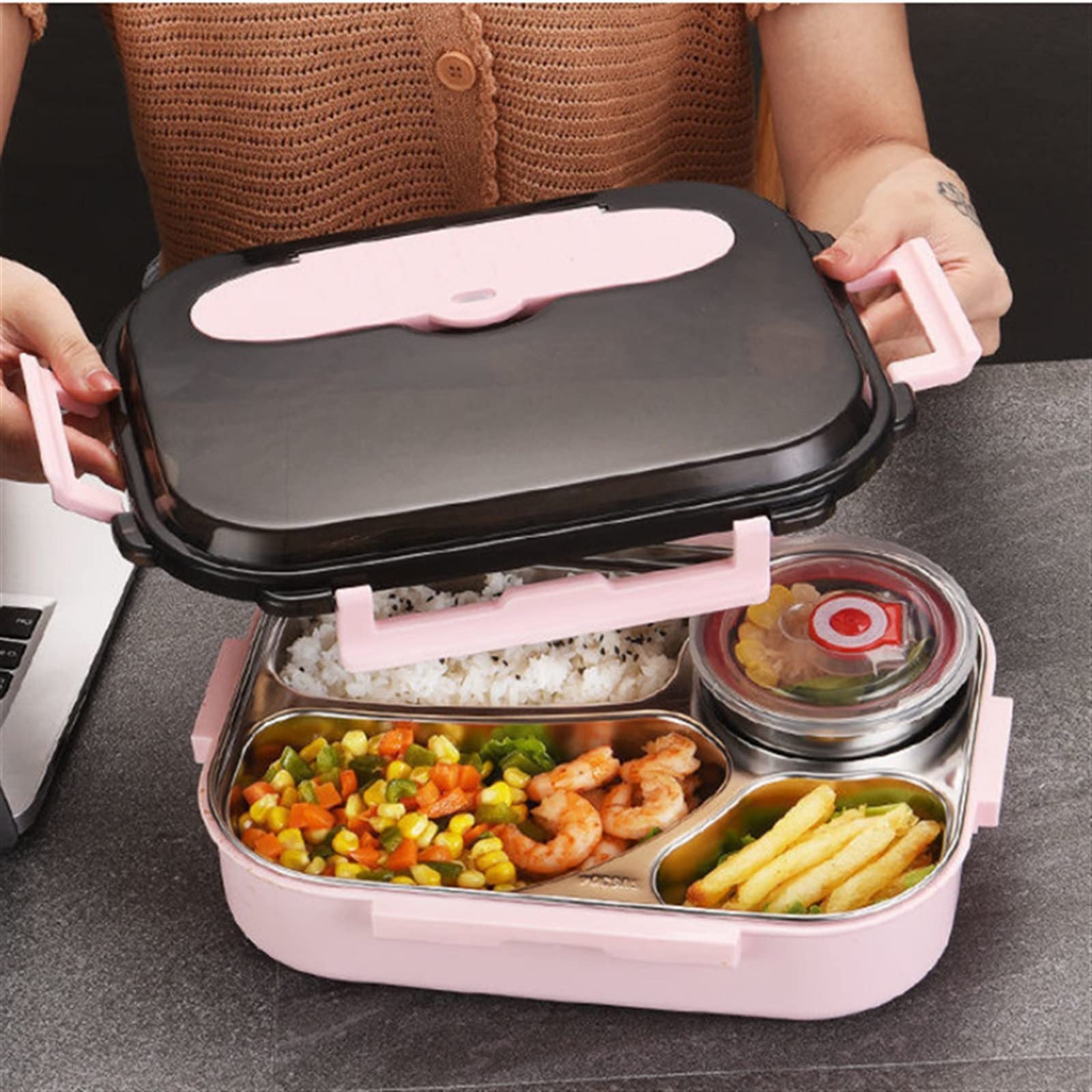 Lunch Box ze stali nierdzewnej, Bento Box, Miska na zupę z łyżką i pałeczkami, Pojemnik na lunch, Jedzenie S, Lunch Boxes ，Pojemniki na żywność(Yellow)
