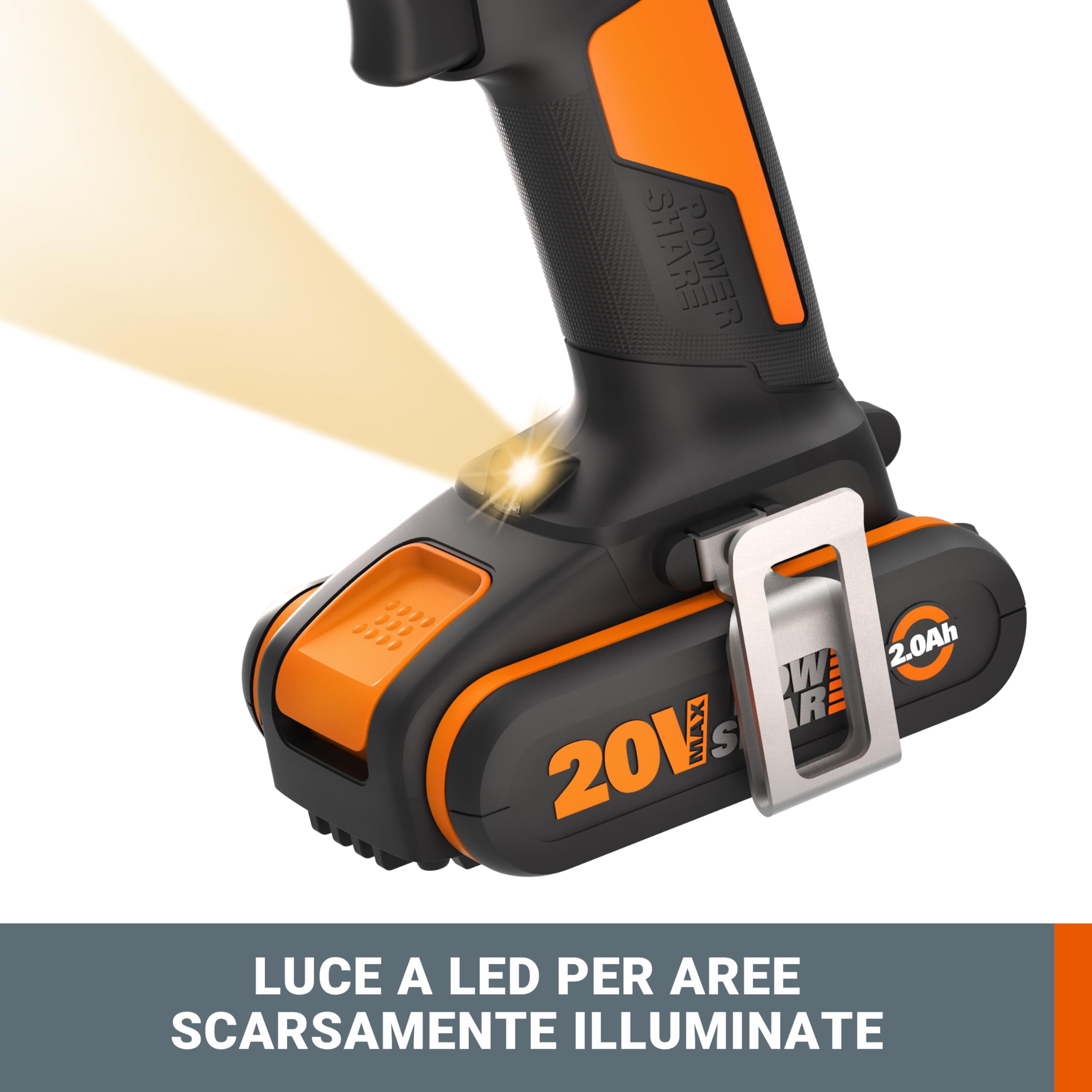 WORX WX370.9 - Trapano avvitatore a percussione a batteria 20 V, 50 Nm, 2 marce e luce LED