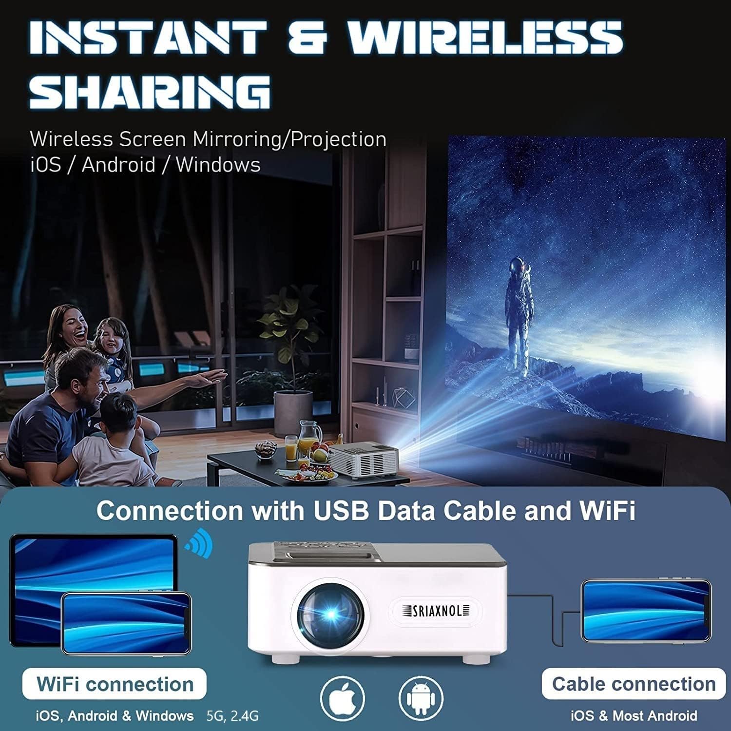 Mini Projector with WiFi and Bluetooth, 5G Full HD Movie Projector for iPhone, 1080P Supported 8500L Projector Compatible with TV Stick Roku HDMI USB TF VGA AV for Home Theater & Video Games