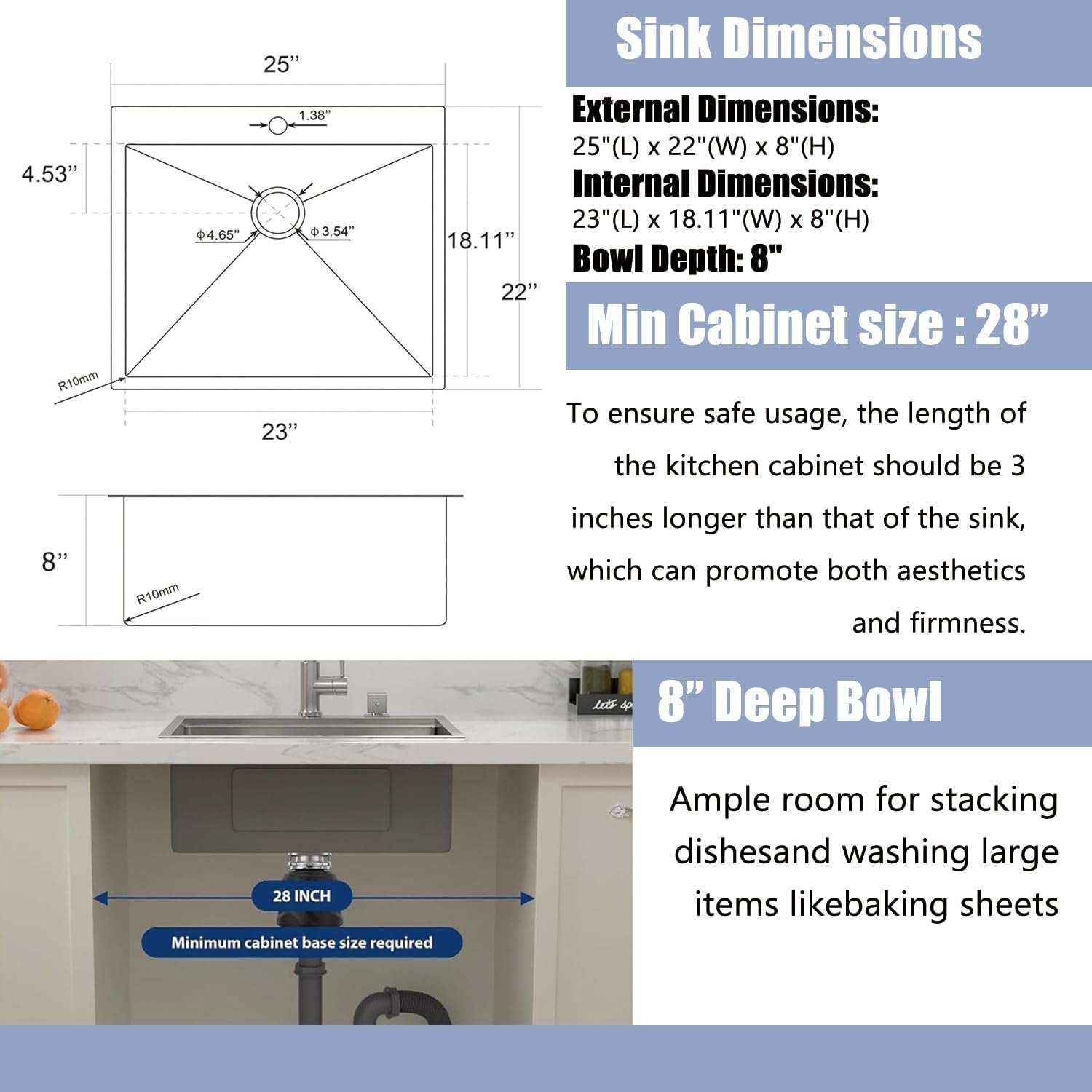 25 x 22 Inch Drop In Kitchen Sink, Topmount Stainless Steel Brushed Nickel Single Bowl Kitchen Sink, Extra-thick 16 Gauge For RV Laundry Utility with Dish Grid and Basket Strainer