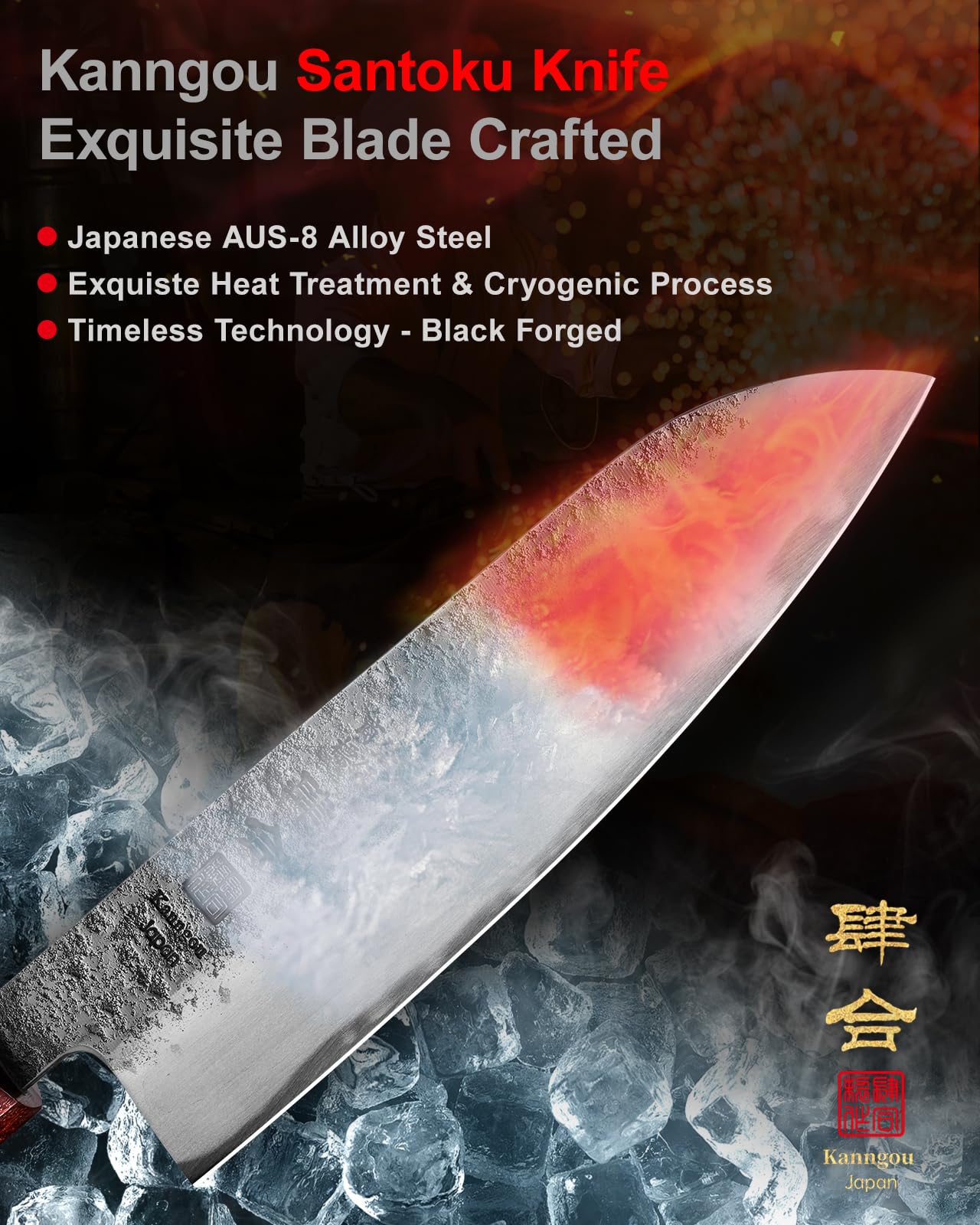 kanngou Japanisches messer 18 cm Santoku Kochmesser, Extra Scharfes Küchenmesser aus AUS-8 Stahl mit Ebenholz- und Rotholzgriff und Geschenkbox