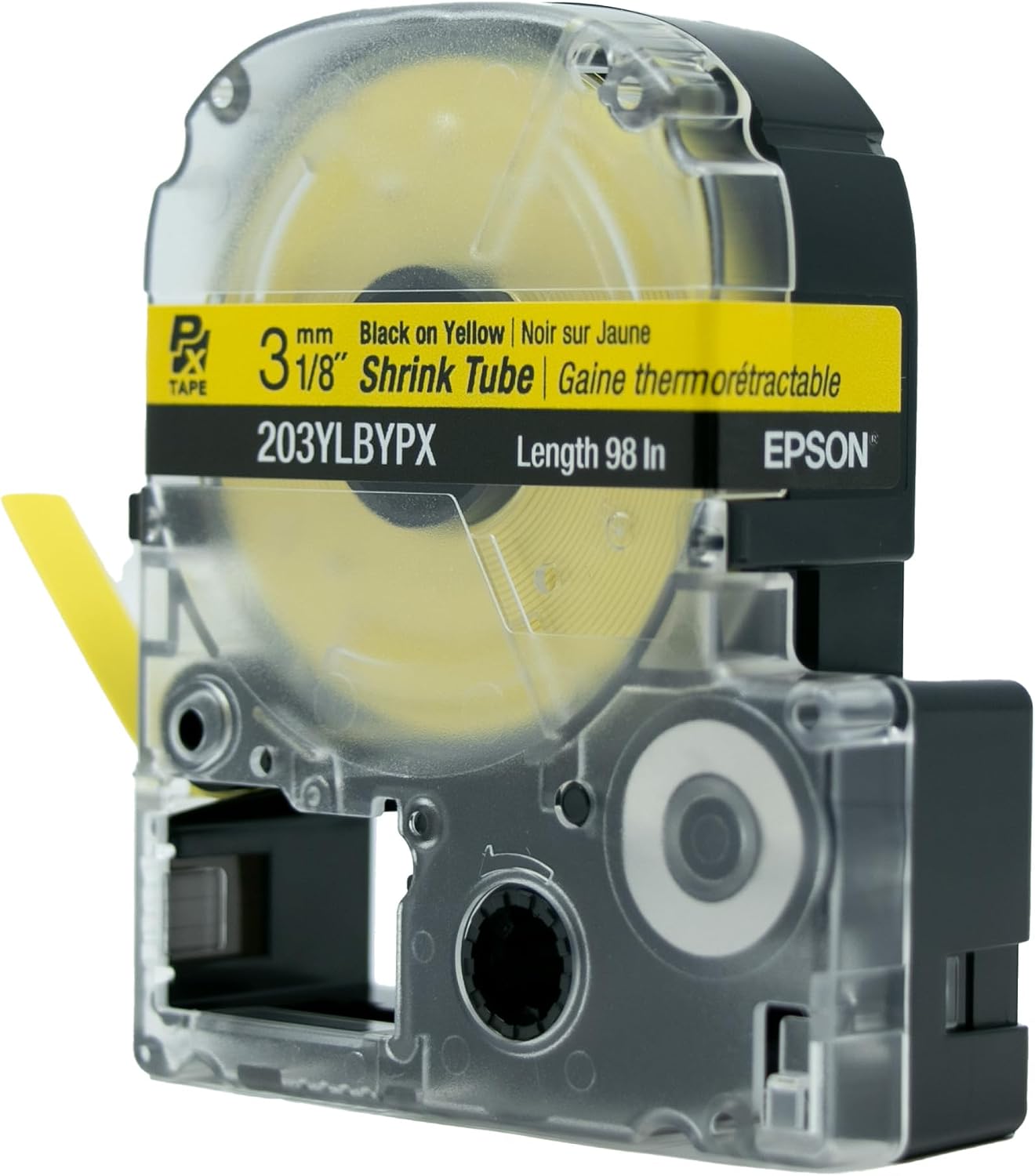 Epson LABELWORKS 203YLBYPX Tape Cartridge - Black on Yellow Shrink Tube Industrial Label Maker Tape - AWG 16-22, 1/8" (3MM) Wide, 8 ft (98")