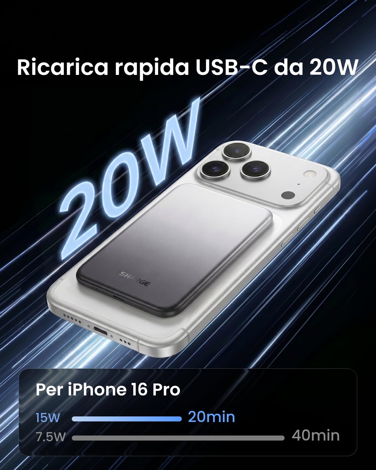 SHARGE Slim Power Bank Magnetico 5000mAh, Qi2 15W Ricarica Rapida Powerbank | Design Ultra Compatto e Leggero, Batteria Esterna Wireless Compatibile con iPhone 17/16/15/14