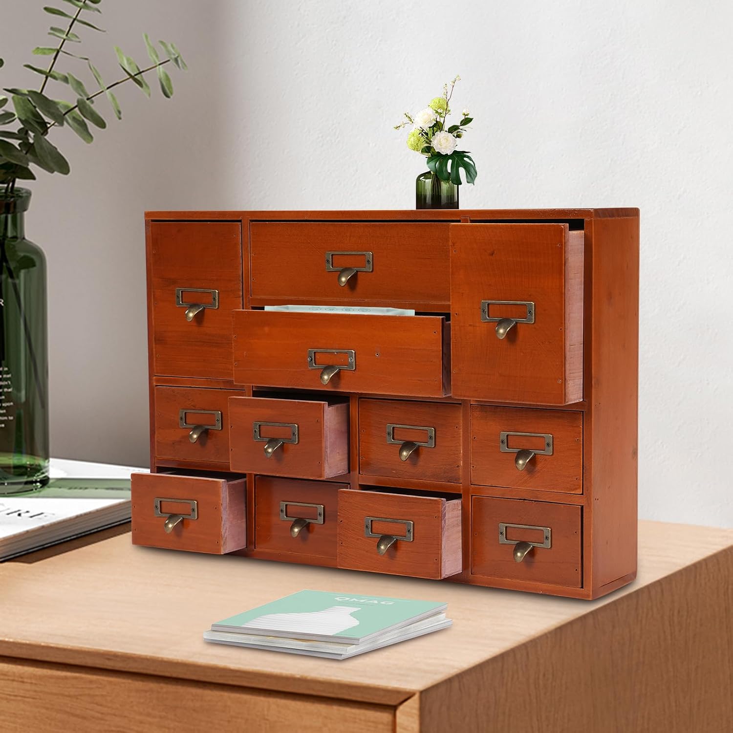 12 Drawers Apothecary Cabinet Library Card Catalog Cabinet Card Catalog Drawer with Metal Handles & Label Slot Wooden Desk Drawer Organizer for Herb Storage, Tea Collection (Brown)