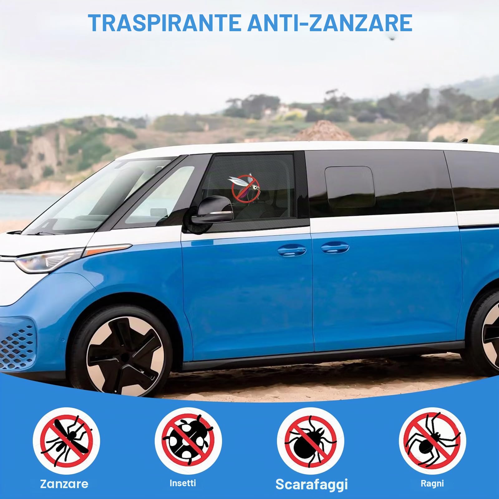 Zanzariere per Porta Anteriore (Coppia) Set 2 Pezzi Protezione Solare per Finestrini Dell'Auto Compatibili con VW ID Buzz 2022-2025, In Rete Traspirante, per Campeggio