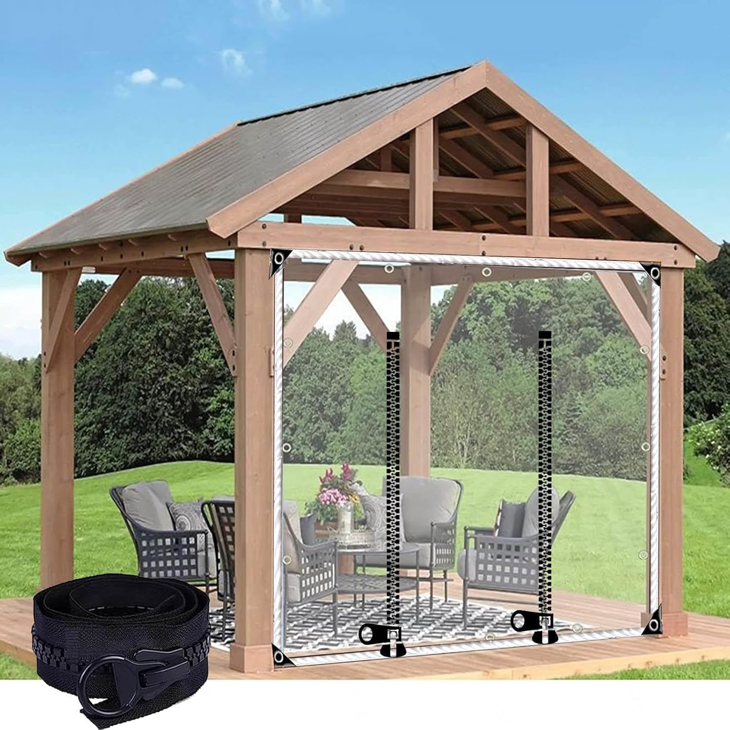 Outdoor Clear Tarp Curtains,0.3mm PVC Tarpaulin Cover with Zip Door,Pergola Patio Carport Gazebo Waterproof Transparent Tarpaulin Side Panels with Grommets,Rain Curtains,W×H-1×0.8m(3.3 * 2.6ft)