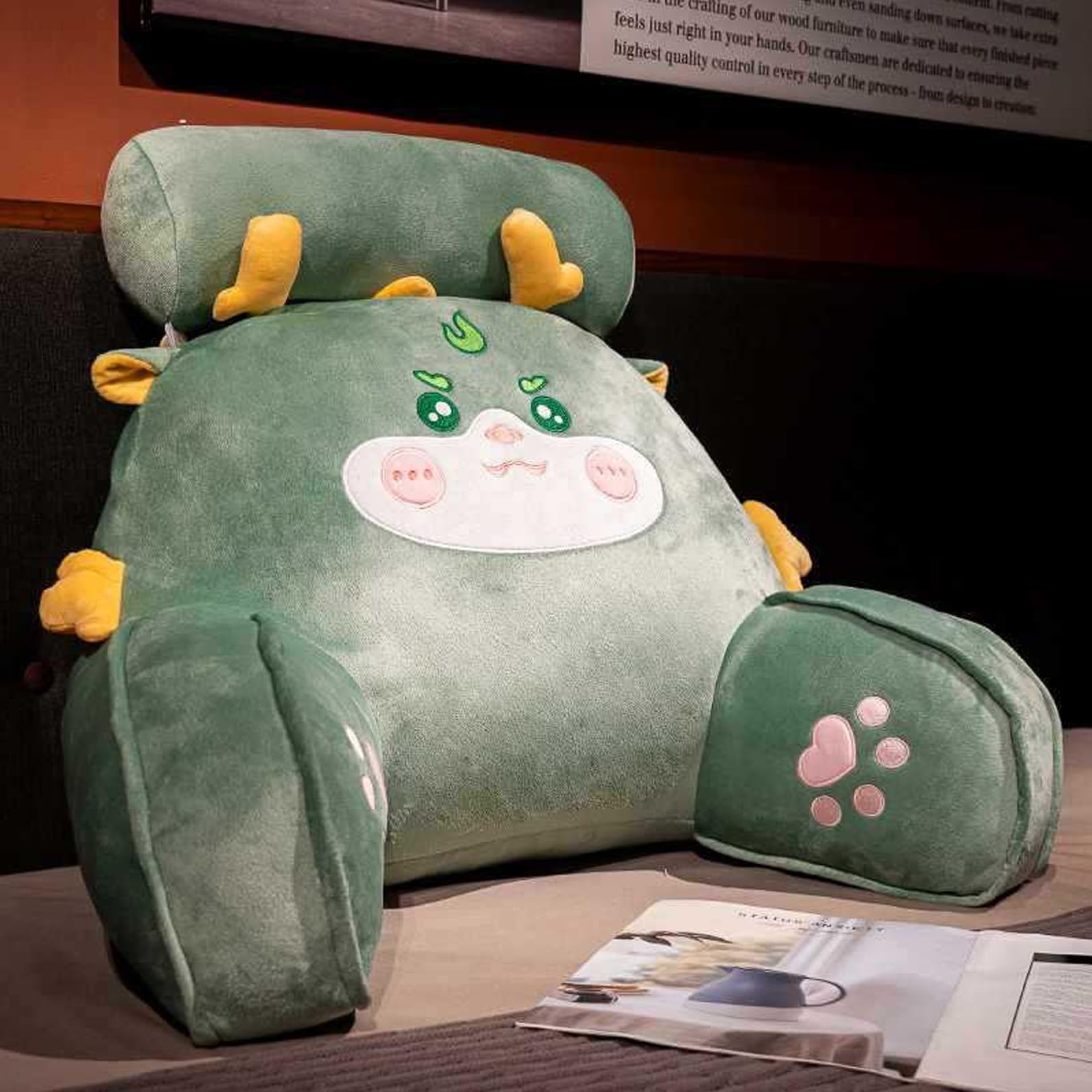 SSWH Bed Adult Reading Pillows, Cartoon Plush Cushions, Cuddle Cushion For Sofa Neck Lumbar, Support Pillows Gaming Reading Cushion With Arm, Relaxing Chair Lumbar Pillow For(Size:50X65cm,Color:Green)