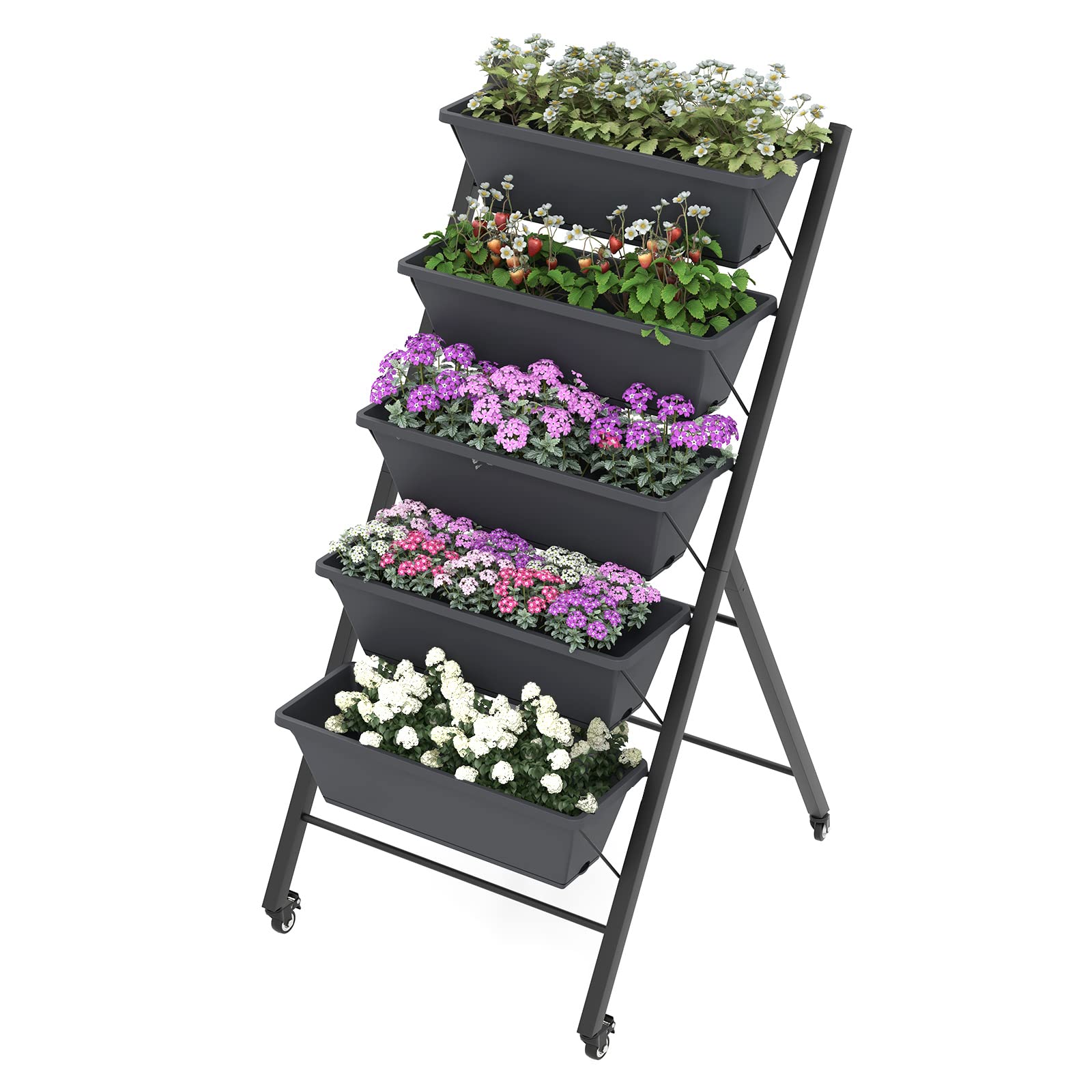 RELAX4LIFE Vertikalbeet mit 5 Blumenkästen, Vertikales Hochbeet mit 5 Etagen, Kräuterbeet mit Feststellbaren Rädern & Metallrahmen, Mobile Pflanztreppe für Balkon Garten (Schwarz, 68 x 57 x 117 cm)