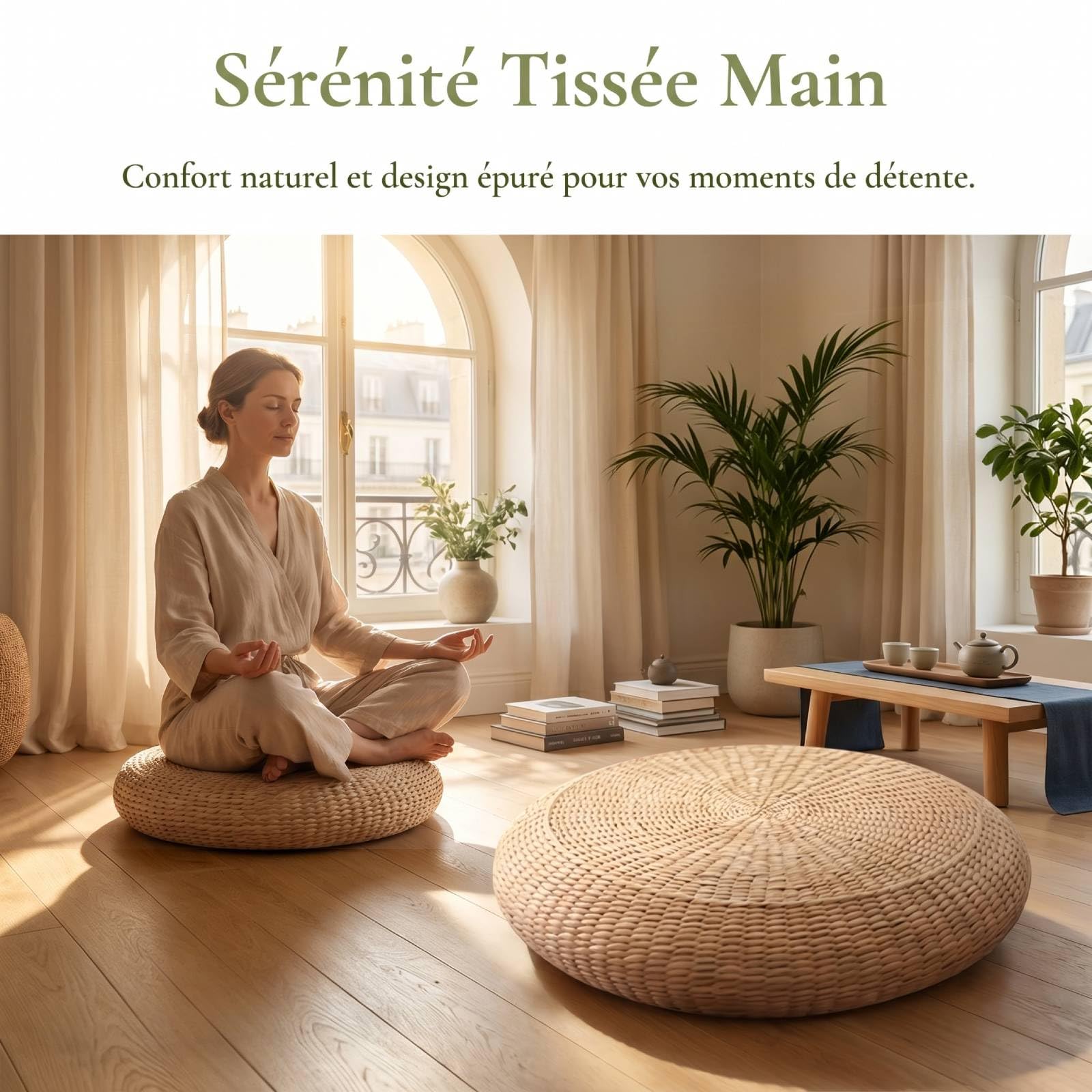 Coussin de Sol Naturel en Fibre Végétale, Coussin de Méditation Rond en Rotin Tressé, Confortable et Respirant, Tissé Main, pour Cérémonie du Thé, Salon et Bureau, 40 cm de Diamètre