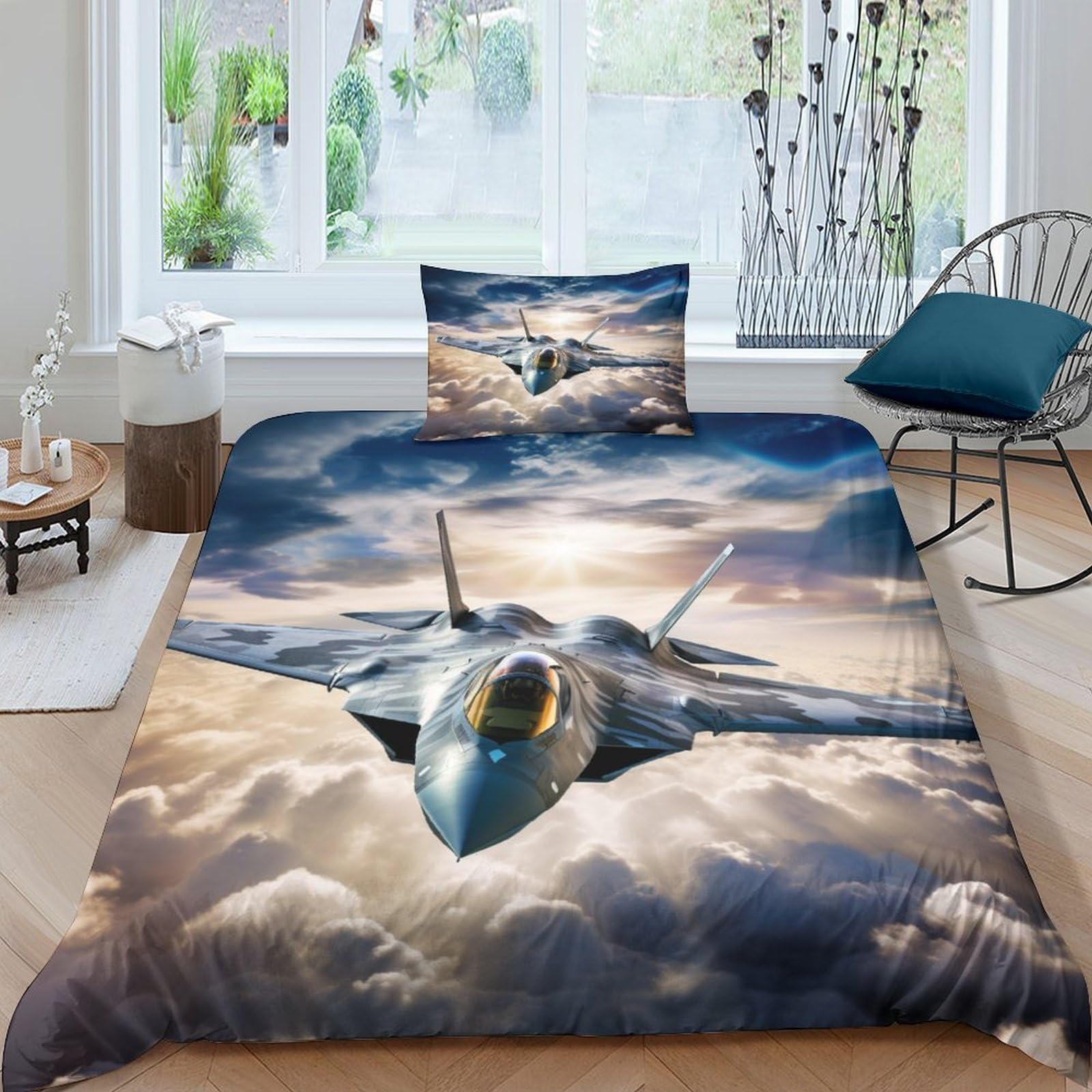 Aaharya Fighter Jet 3D For Childrens And Adults Printed Duvet Cover Set With Pillow Cases Airplane Quilt Bedding Set Single（135X200cm）