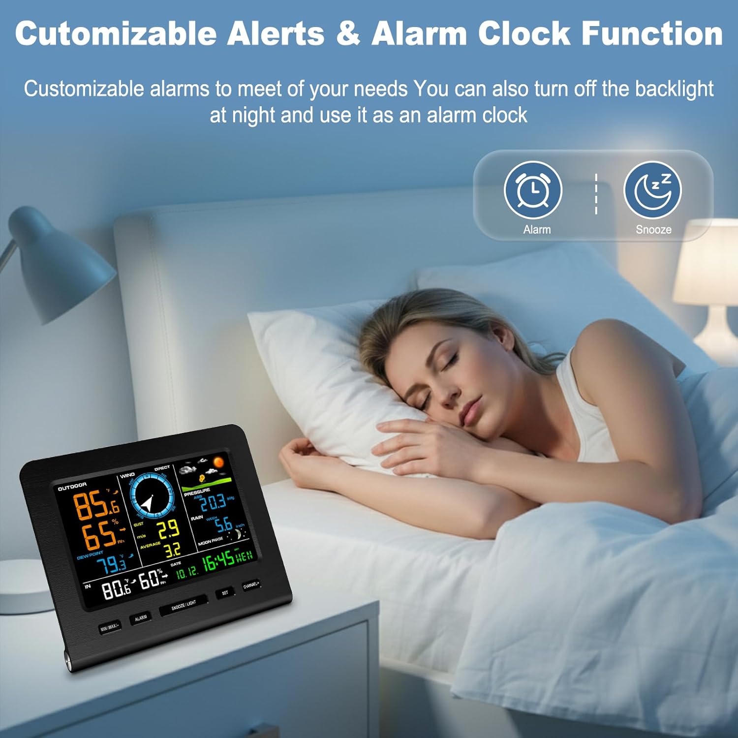 Urageuxy WiFi Weather Stations Wireless Indoor Outdoor, Home Weather Station with Rain Gauge, Wind Speed/Direction, Indoor/Outdoor Thermometer/Humidity, Moon Phrase, Alarm Clock, Barometric Pressure - Image 3