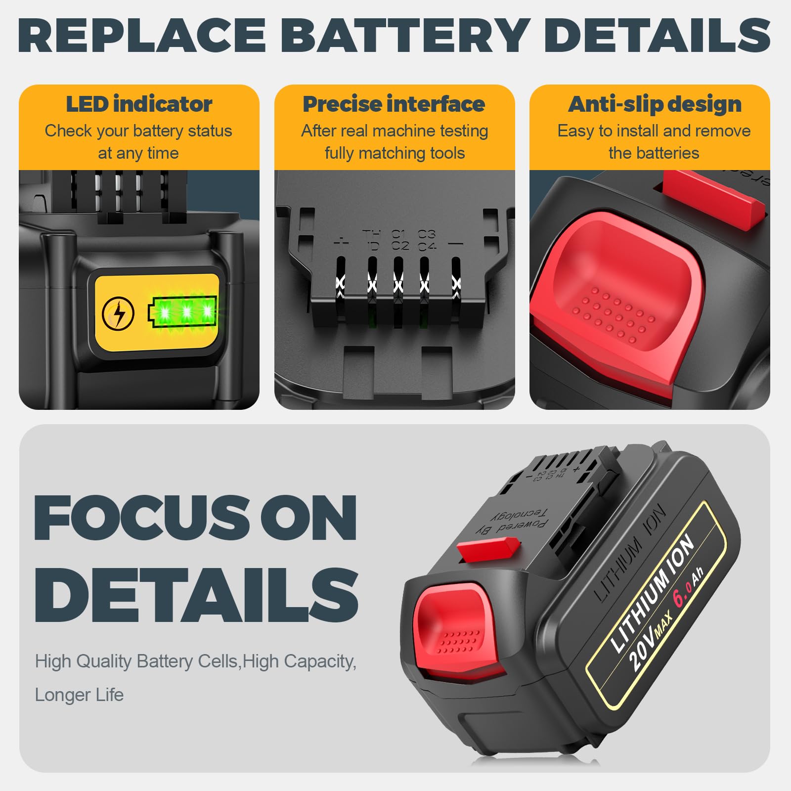 PENGJBATTER Paquete de 4 baterías de repuesto de 20 V 6.0 Ah para batería Dewalt de 20 V con cargador DCB102 de doble puerto de 20 V, batería de 20 V 6.0 Ah con cargador de 20 V compatible con