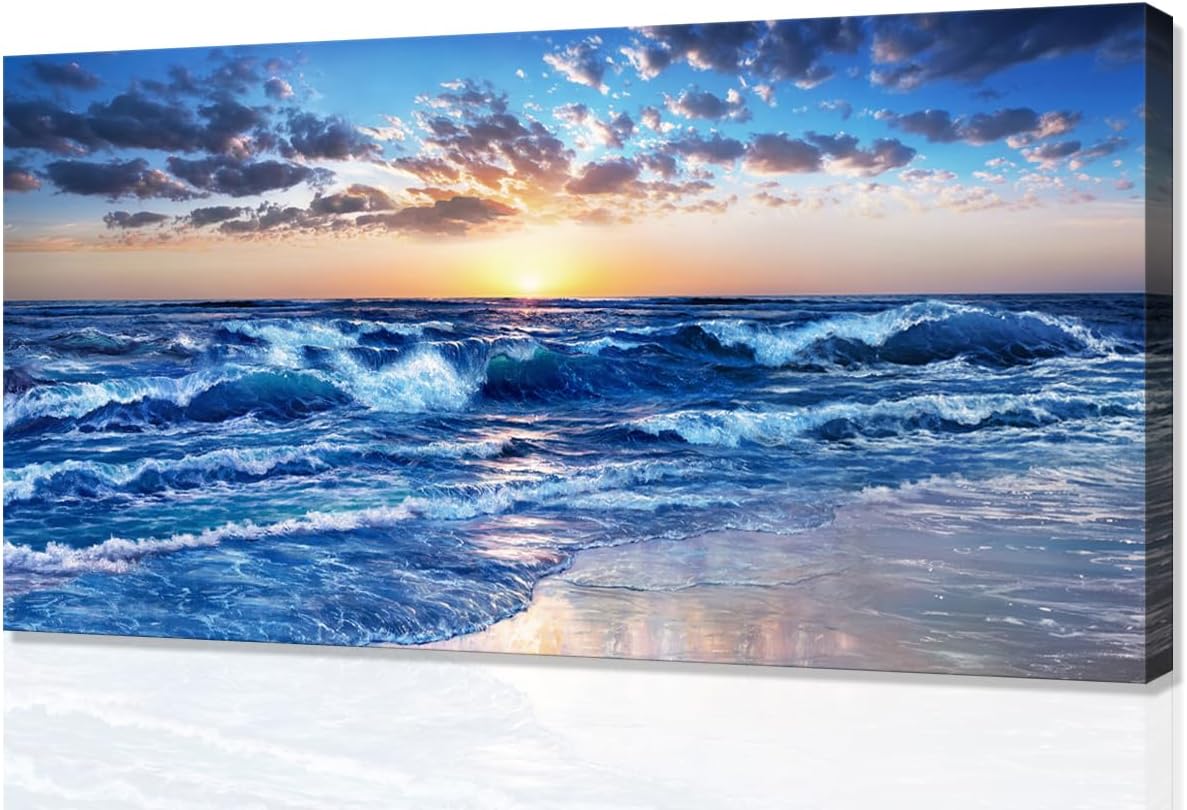 Canvas Wall Art for Living Room Office Bedroom Above Bed Decor Framed Sunset Sea Waves Beach Wall Art Ocean Landscape Wall Paintings Blue Sea Pictures Bedroom Home Decor Prints Posters Canvas Art Large Size Color D 47.3L" x 23.6W"