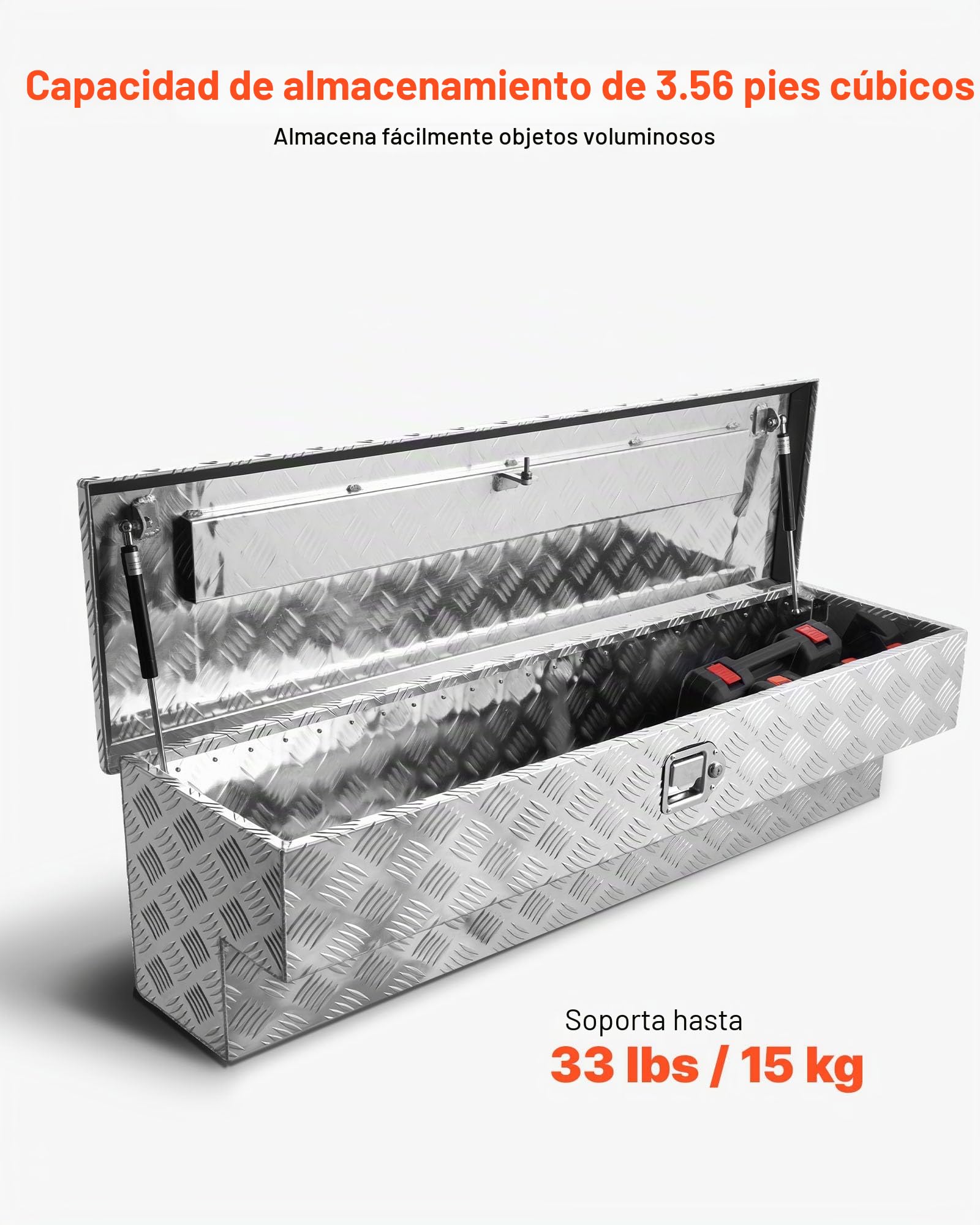 VEVOR Caja de Herramientas para Caja de Camioneta, de Aluminio, con Dibujo, Cerradura y Llave, Ideal para Camioneta, RV, Remolque, Carga Máxima del Escalón 100 kg, 1219 x 340 x 330 mm, Plata