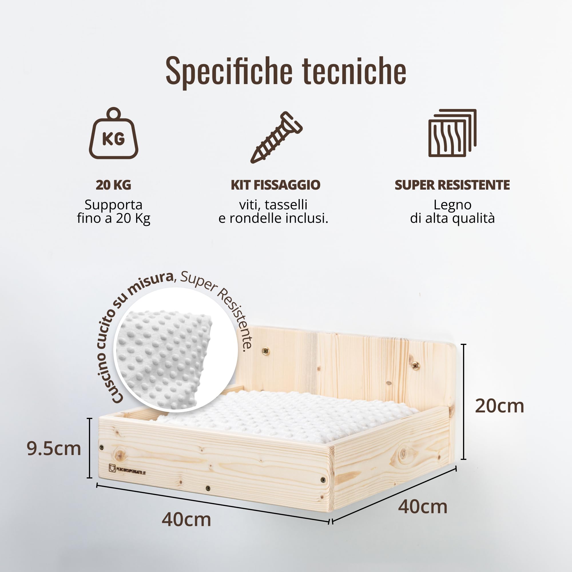 Mensola Cuccia per Gatti 40×40 cm in Legno d’Abete PEFC Fatta a Mano, con Cuscino Beige Lavabile, Mensola Gatto Perfetta per Dormire, Giocare e Arrampicarsi, fino a 20 kg, Percorsipergatti