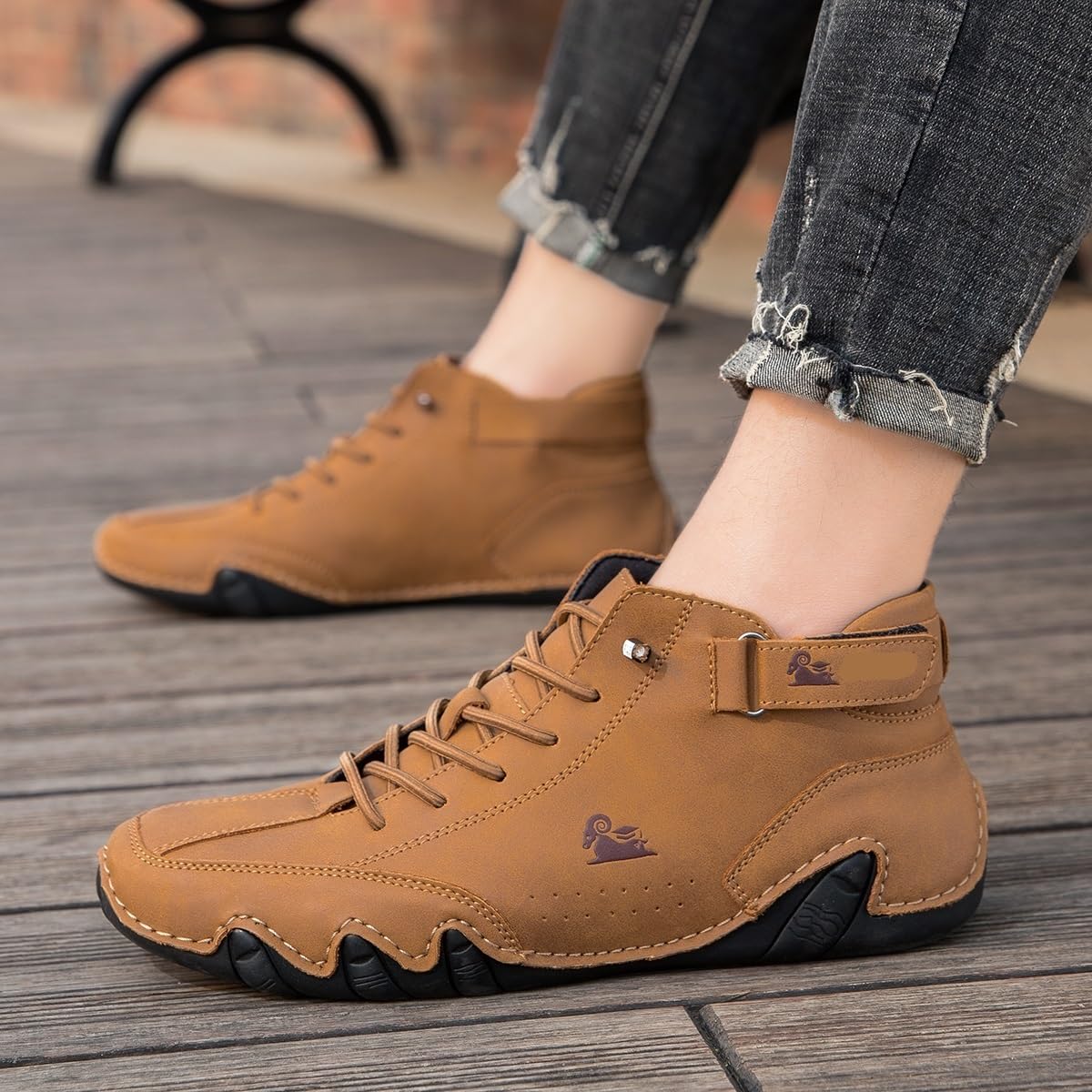 Italienische handgefertigte hohe Stiefel für Herren mit Klettverschluss, Outdoor-Beck-Schuhe, atmungsaktiv, rutschfest, lässig, barfuß, zum Gehen, Wandern, Fahren, Chukka-Stiefel(Braun,42 EU)