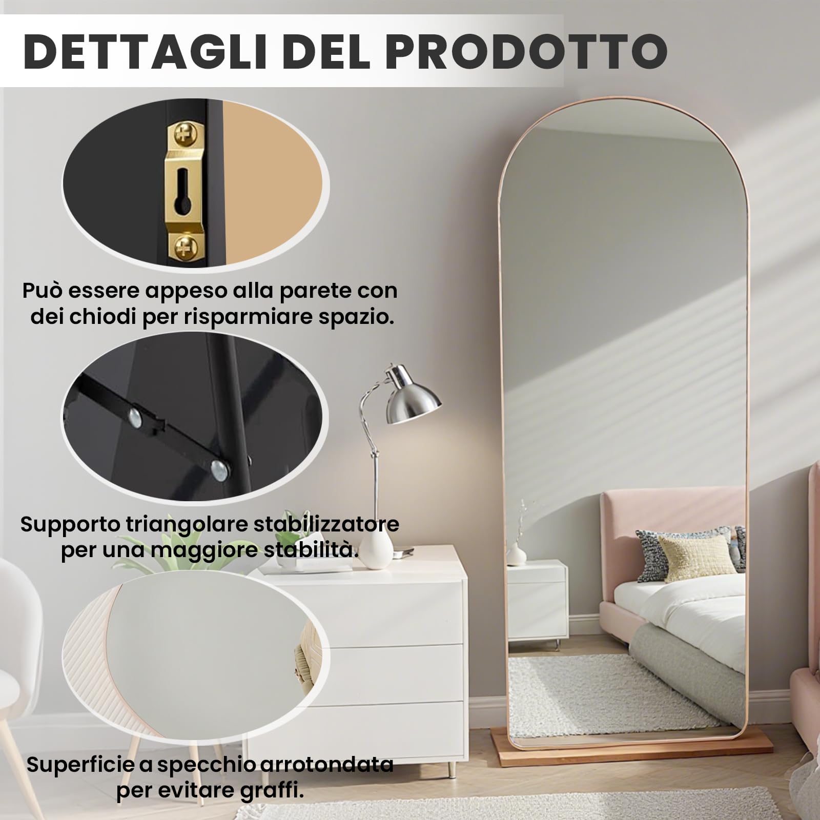 Specchio da Terra ad Arco 160x50 cm, Specchio da Parete con Cornice in Alluminio Dorato, Design Moderno, da Appoggiare o Appendere per Soggiorno, Camera da Letto, Ingresso