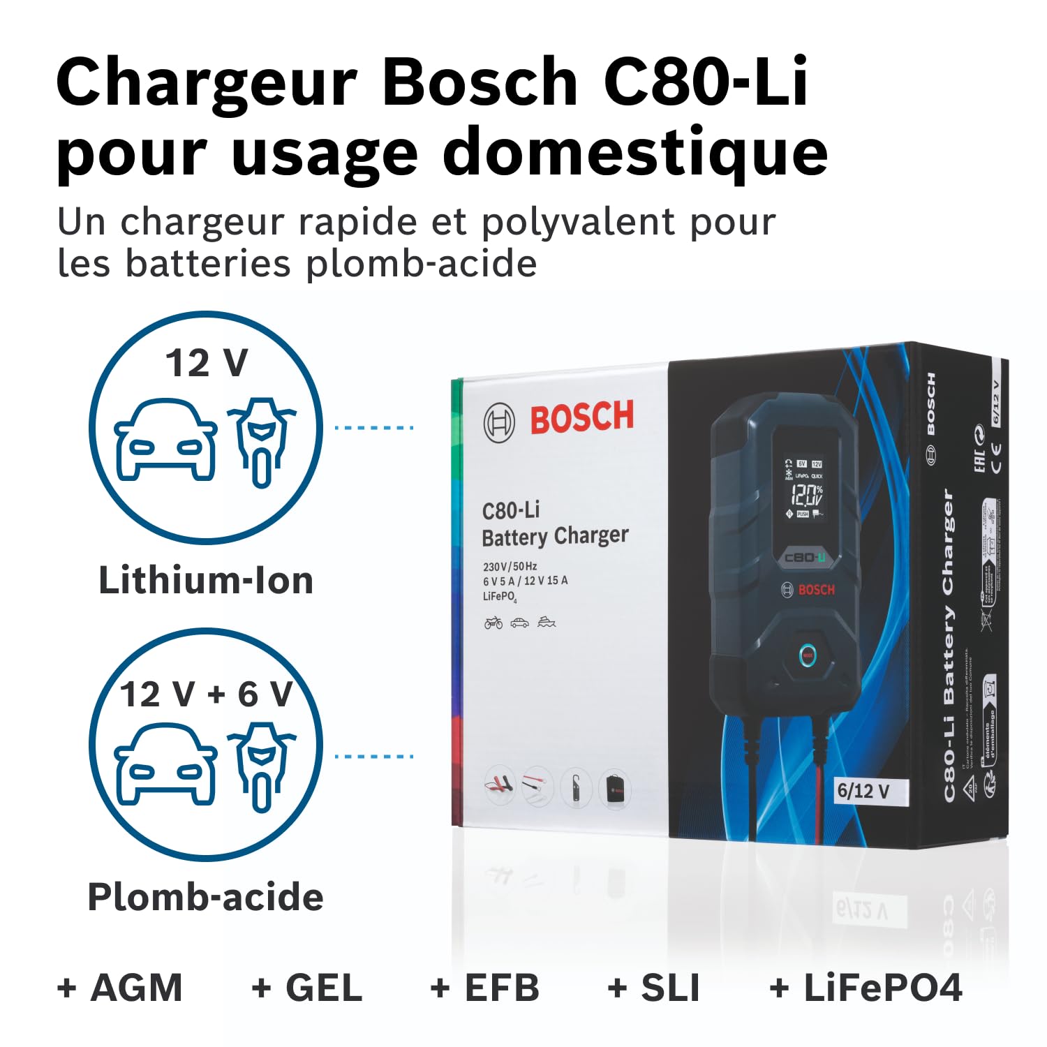 Bosch C80-Li Chargeur de Batterie Bosch C80-Li - 15 Ampères avec Fonction de Maintien - pour Batteries 6V/12 V Plomb-Acide, AGM, EFB, Gel, SLI et 12 V Lithium (LiFePO4)