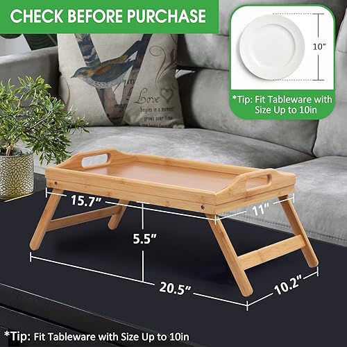 Miniatura 3 de Artmeer Mesa Bandeja de Cama con Patas Plegables, Bandeja de Desayuno de Bambú con Asas Ideal para Sofá, Cama, Comer, Trabajar, Usada Como