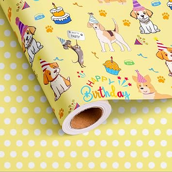 Vnaaem Reversible Dog Birthday Wrapping Paper Roll for Kids Boys - Yellow Cute Dog, Paw Print & Polka Dot Design Gift Wrap for Birthday, Holiday, Baby ShowerTotal 28.5 sq.ft
