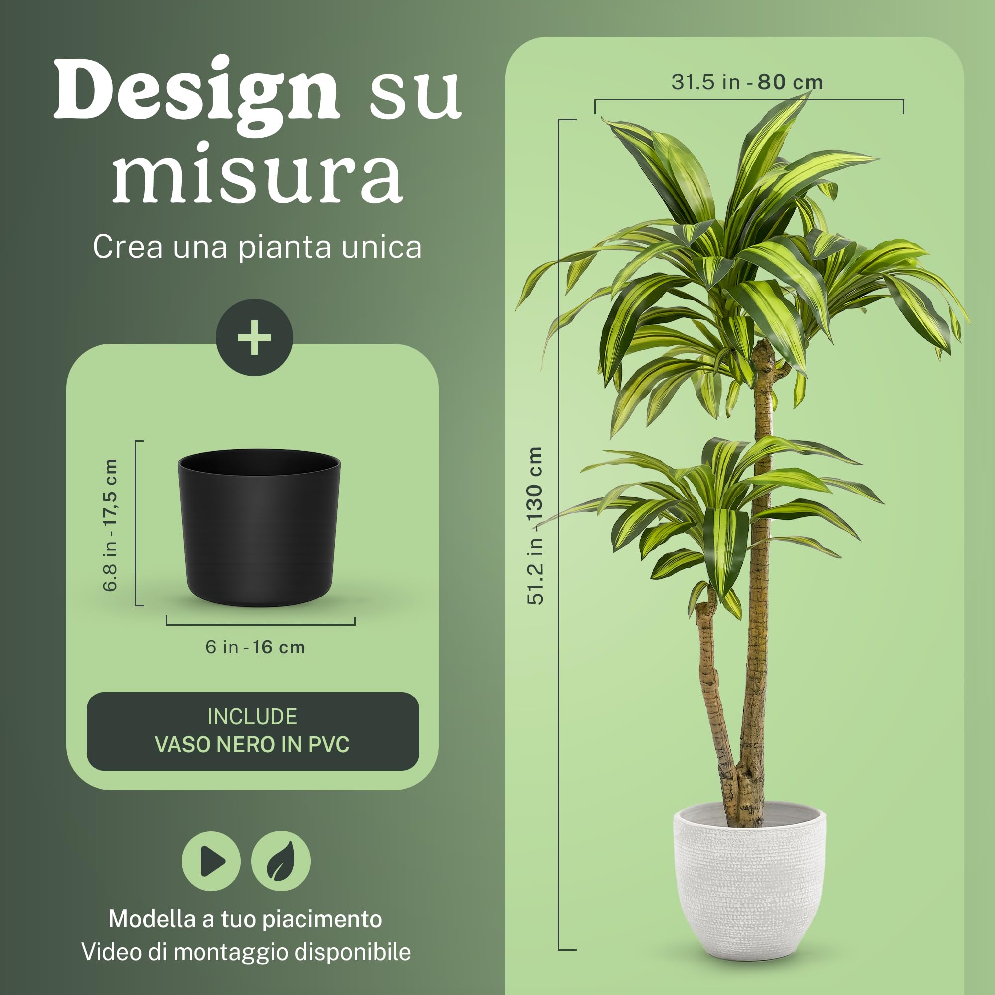MAIA SHOP Dracaena artificiale 120 cm, pianta finta decorativa iperrealistica, albero tropicale per casa ufficio hotel e interni coperti