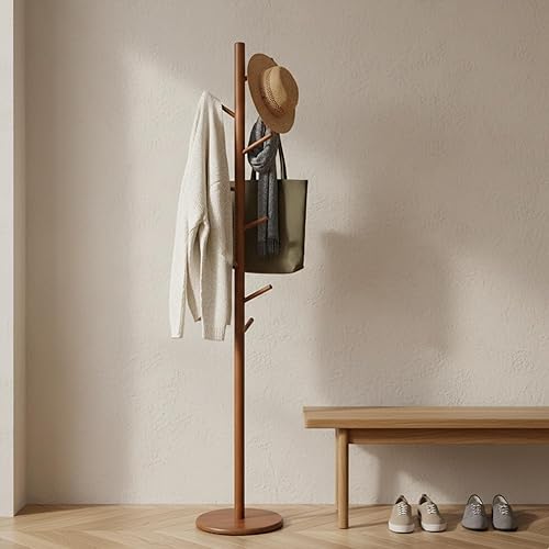 Vista 26 de Perchero y soporte de madera maciza, colgador de ropa independiente con 8 ganchos y 3 alturas ajustables, perchero, soporte para sombreros, Natural