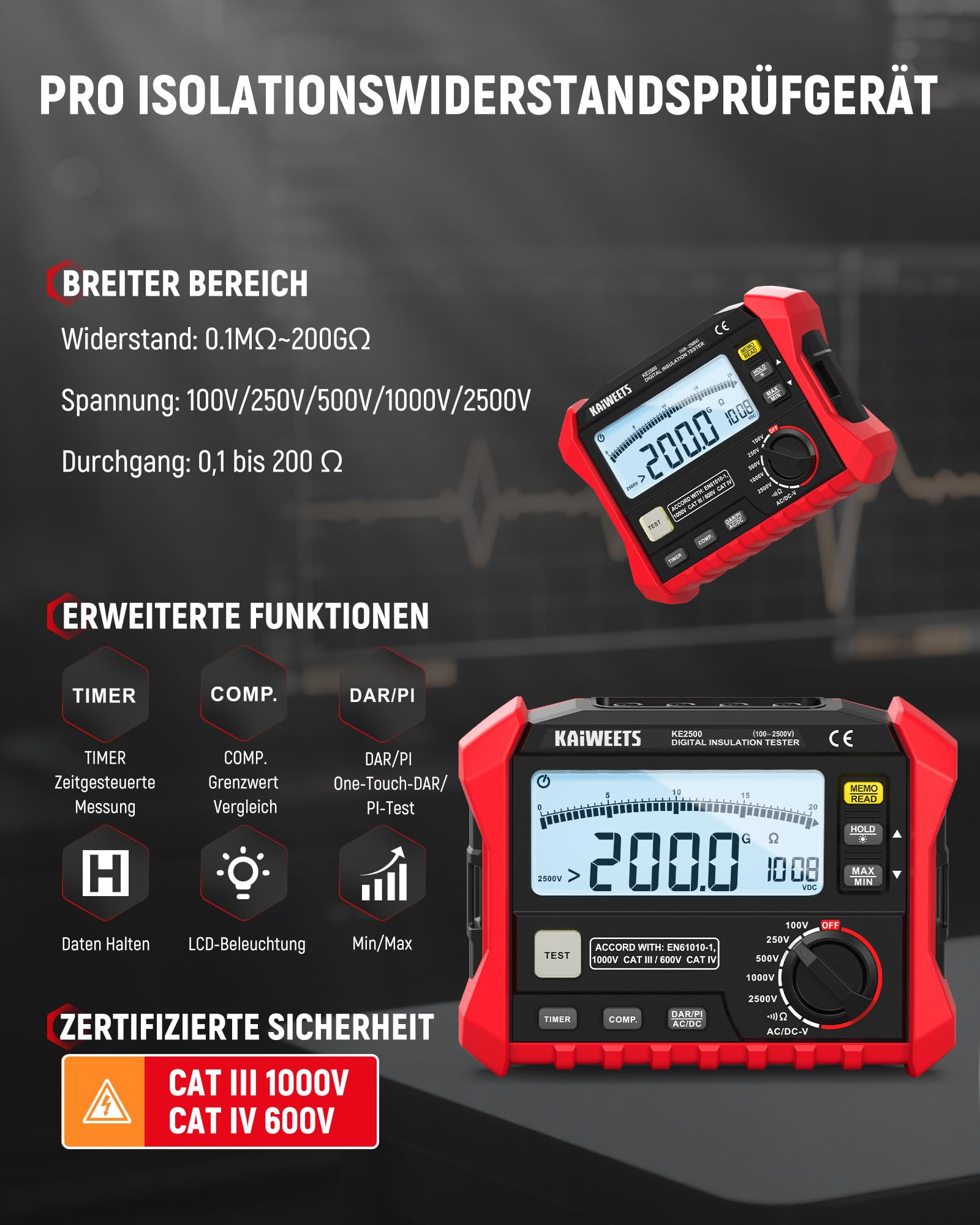 KAIWEETS Isolationswiderstandsmessgerät, bis zu 200 GΩ, Profi-Megohmmeter, 100 V/250 V/500 V/1000 V/2500 V, One-Touch-DAR/PI, misst Widerstand, Wechsel-/Gleichspannung für HLK, Motoren, Solar,