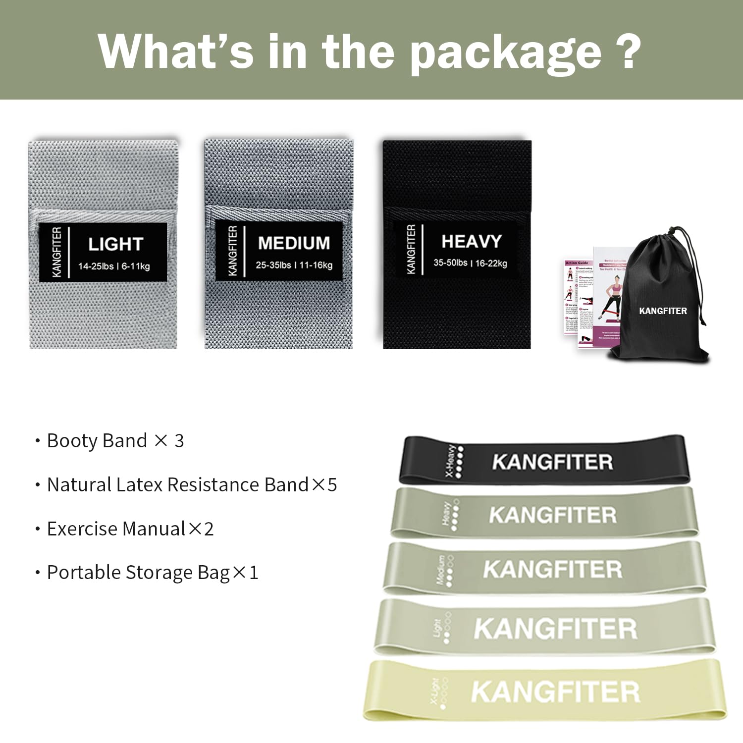 KANGFITER Bandas de Resistencia de Tela para Entrenar, Bandas Antideslizantes de 3 Niveles para Mujeres y Hombres, Juego de Bandas de Ejercicio para piernas y glúteos, Bandas elásticas de Cadera para
