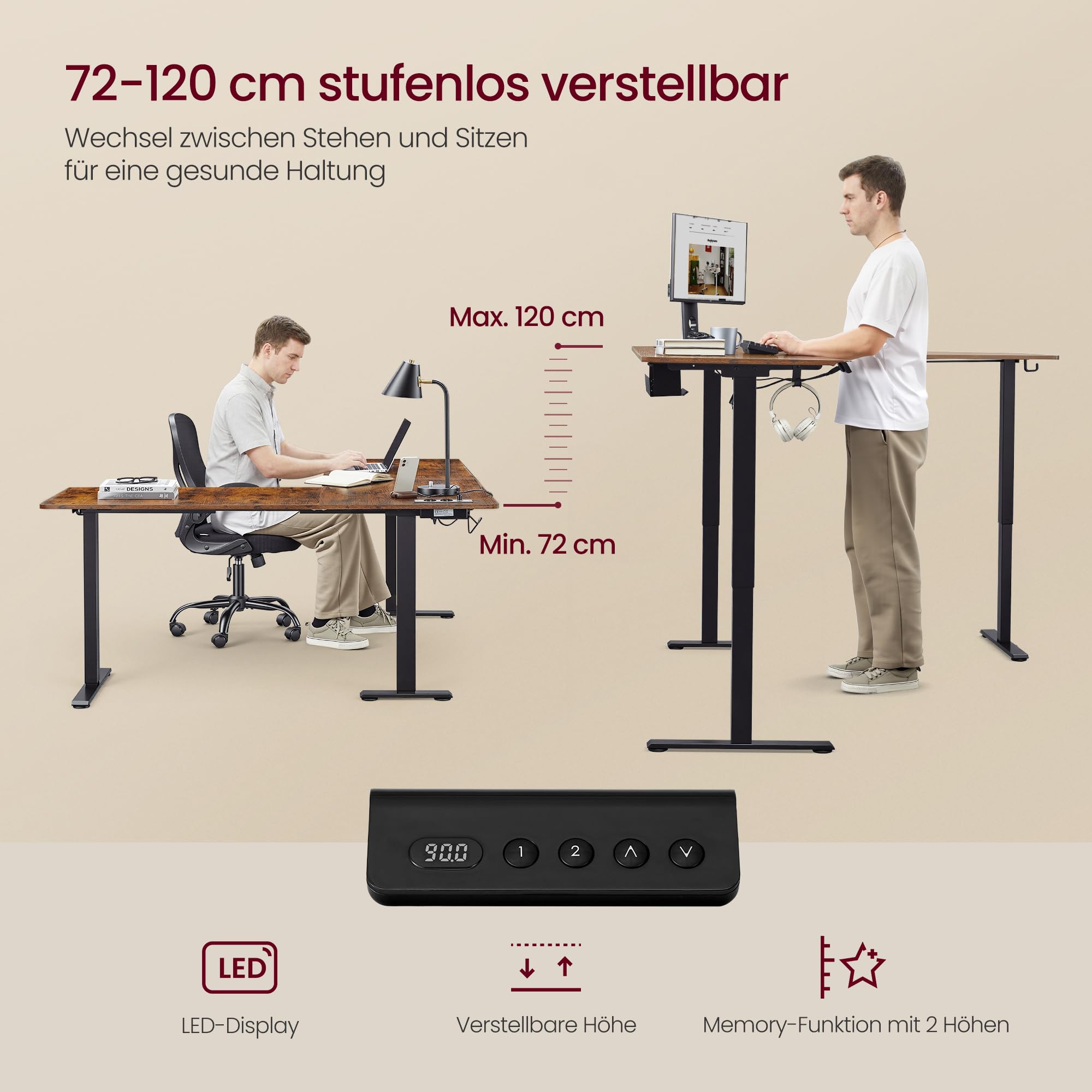 VASAGLE Höhenverstellbarer Schreibtisch, 190 x 155 cm, L-förmiger Eckschreibtisch, Stehtisch, 2 AC-Steckdosen, 2 USB-A-Anschlüsse, Ablage für Steckdosenleiste, für Büro, vintagebraun LSD295KD01