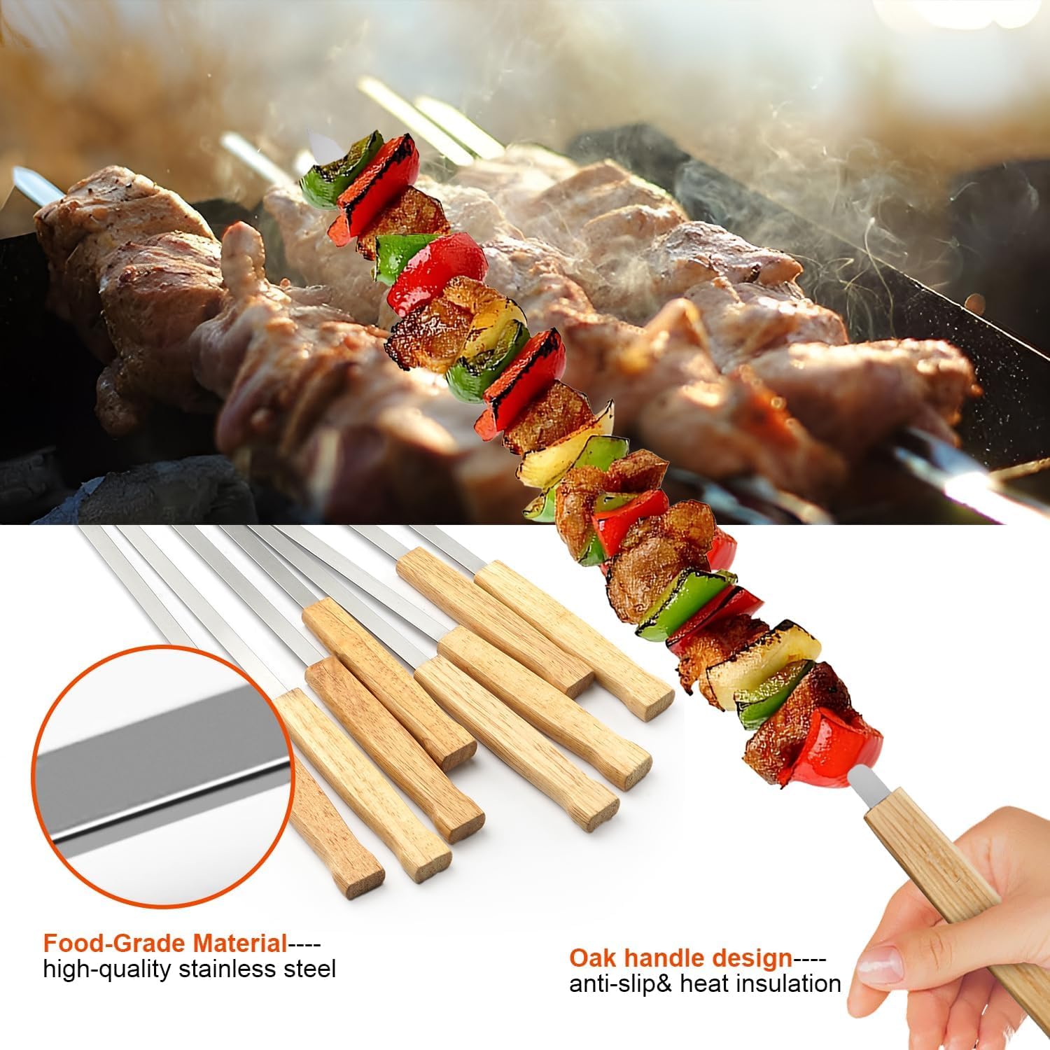 8 sztuk szpikulców do grilla, wielokrotnego użytku, 40 cm, płaskie szpikulce do szaszłyków ze stali nierdzewnej, Adana Kebab z drewnianym uchwytem, szaszłyki do mięsa, warzyw