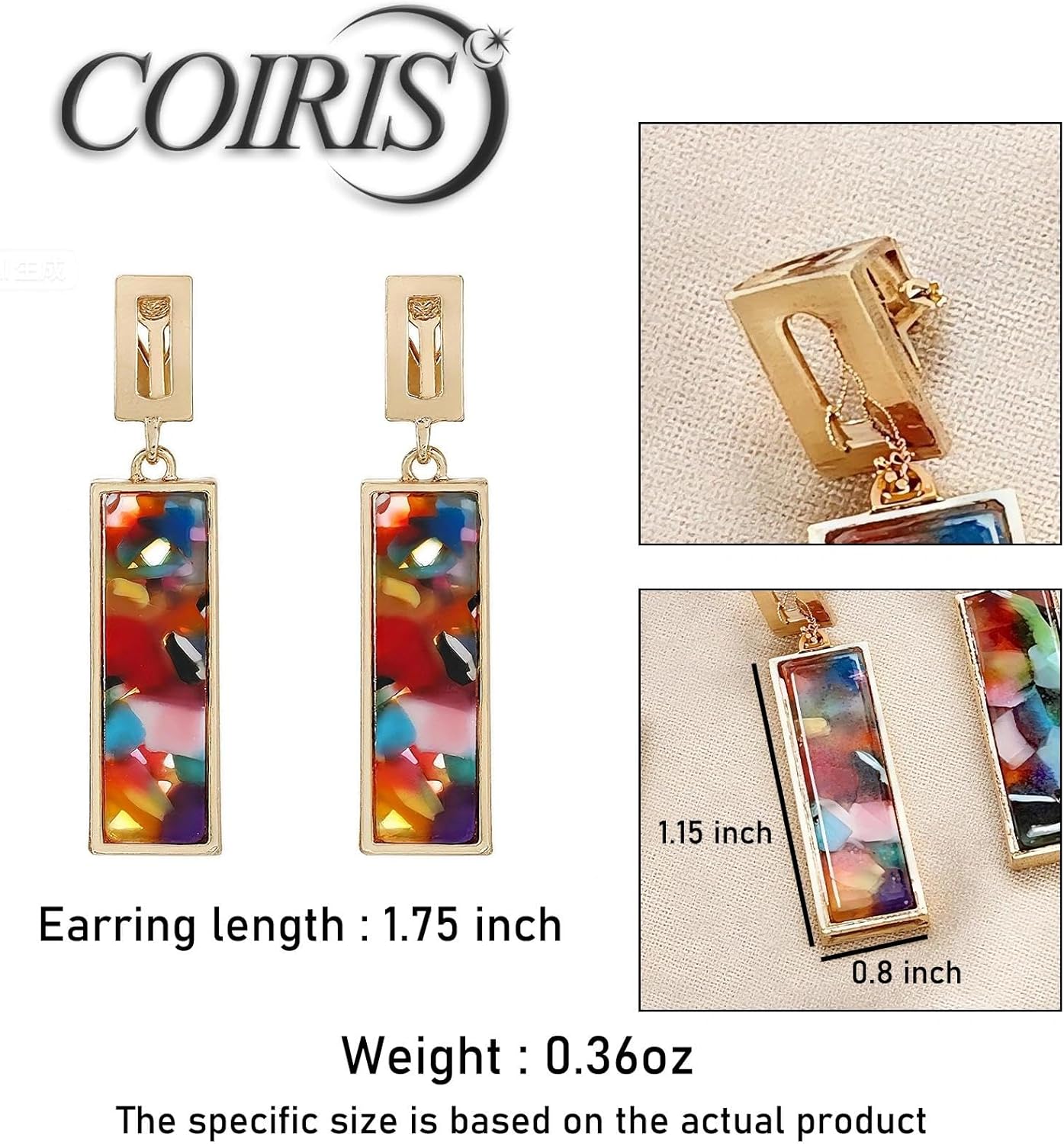 Coiris Clip on Dangle Earrings for women Colorful Rectangle Geometric Resin Dangle Boho Hypoallergenic Nonpierced Earrings for Sensitive Non-Pierced Ears - Image 4