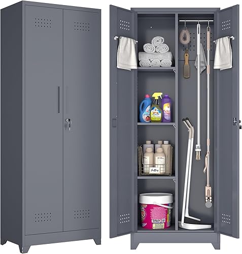 GREATMEET Armario de escoba, armario de escoba con tablero de clavijas y barra para colgar, gabinete de almacenamiento de suministros de limpieza