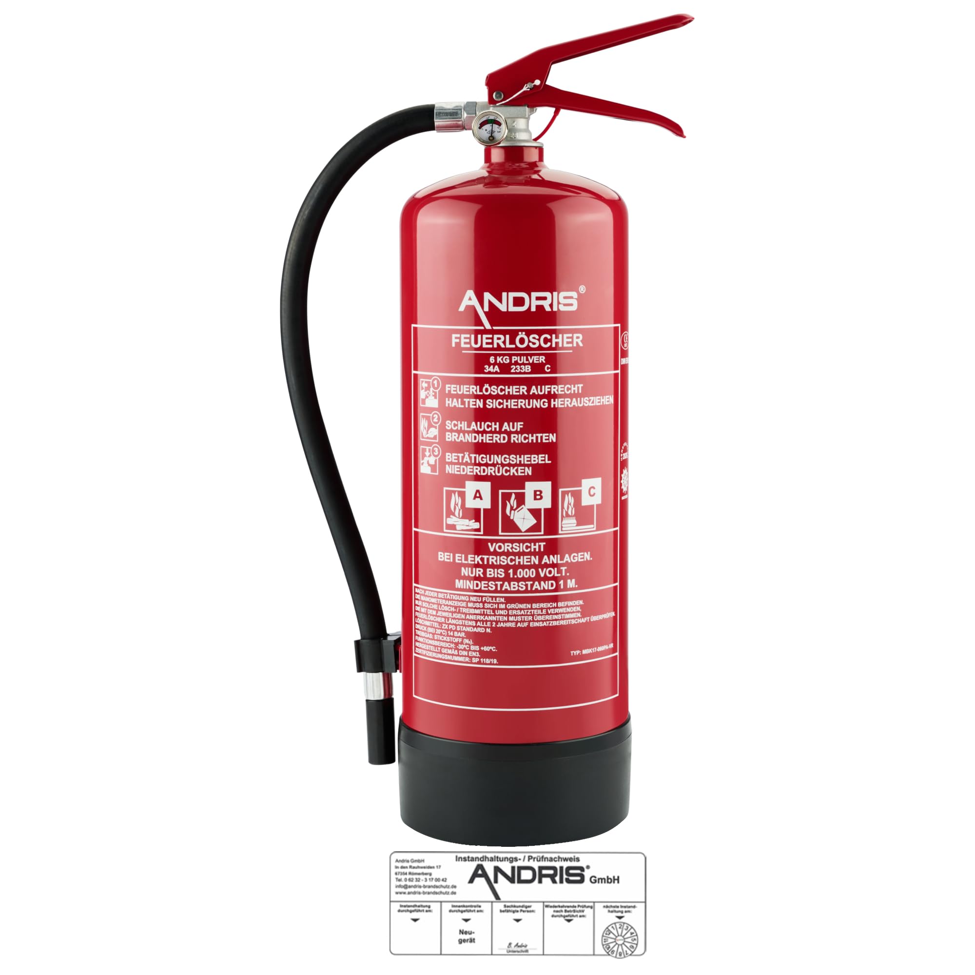 6kg ABC Pulver orig. ANDRIS® Feuerlöscher mit Halterung, Prüfnachweis + ISO Symbolschild