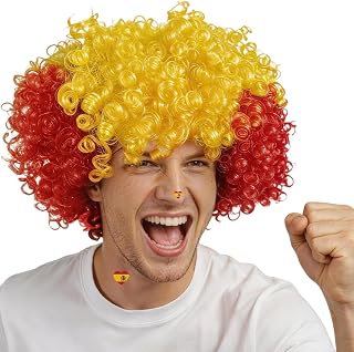 Spanish Flag Colors Afro Wig for 2026 World Soccer Game Sport Cup, National Flag Red Yellow Curly Afro Wig Hair for Women Men Cheering Fans Costume Outfit Sports Football Party Supplies