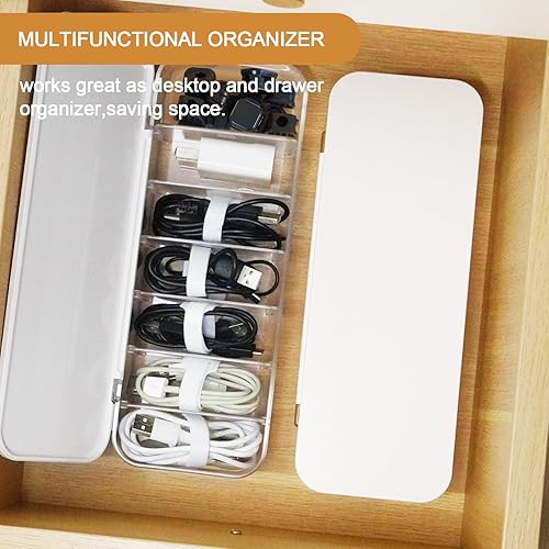 Miniatura 2 de Caja organizadora de cables con 7 bridas de alambre y 6 clips magnéticos para cables, caja de gestión de cables de escritorio con divisores y tapa